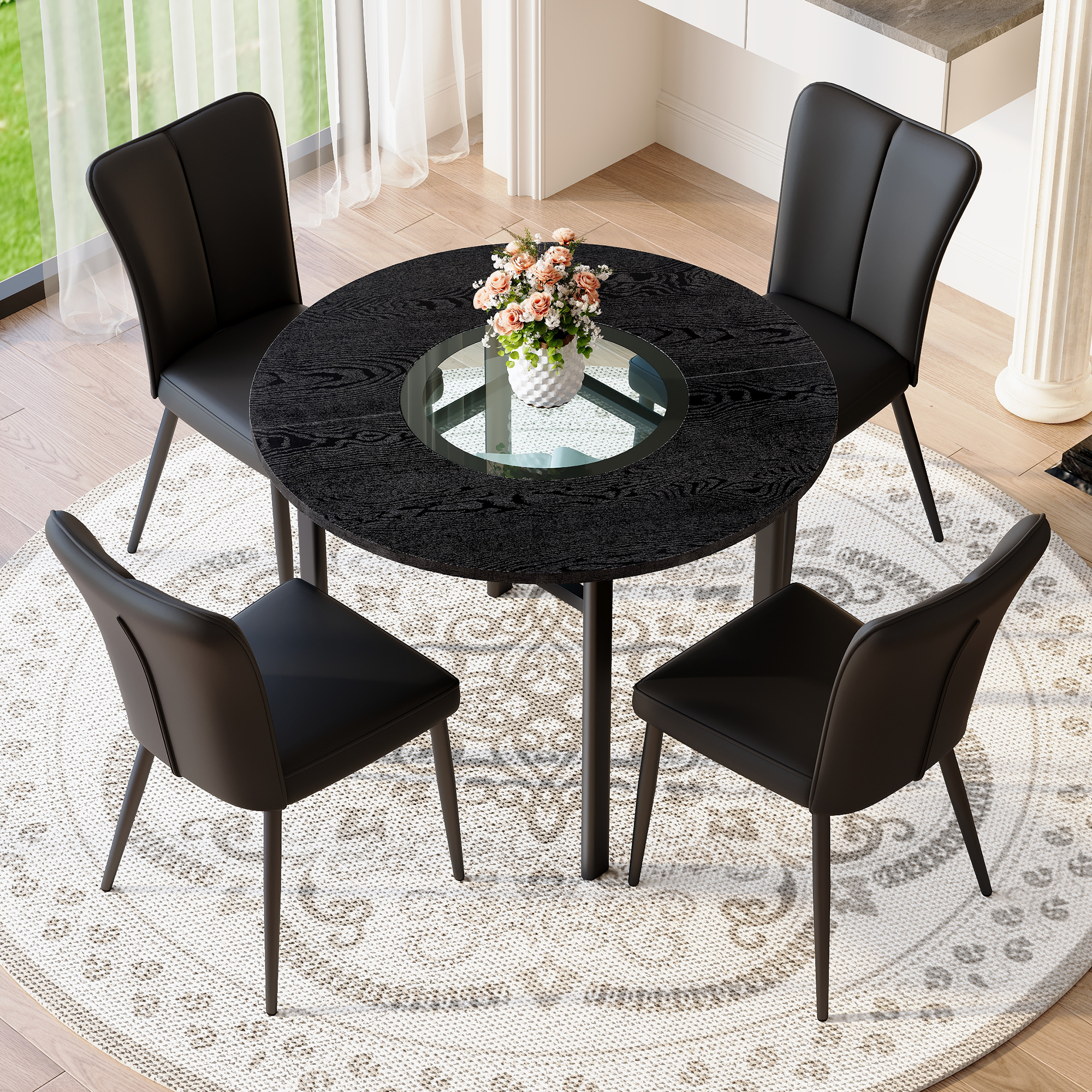 Round Table Set 100cm 4 Armchairs Minimalist - Black