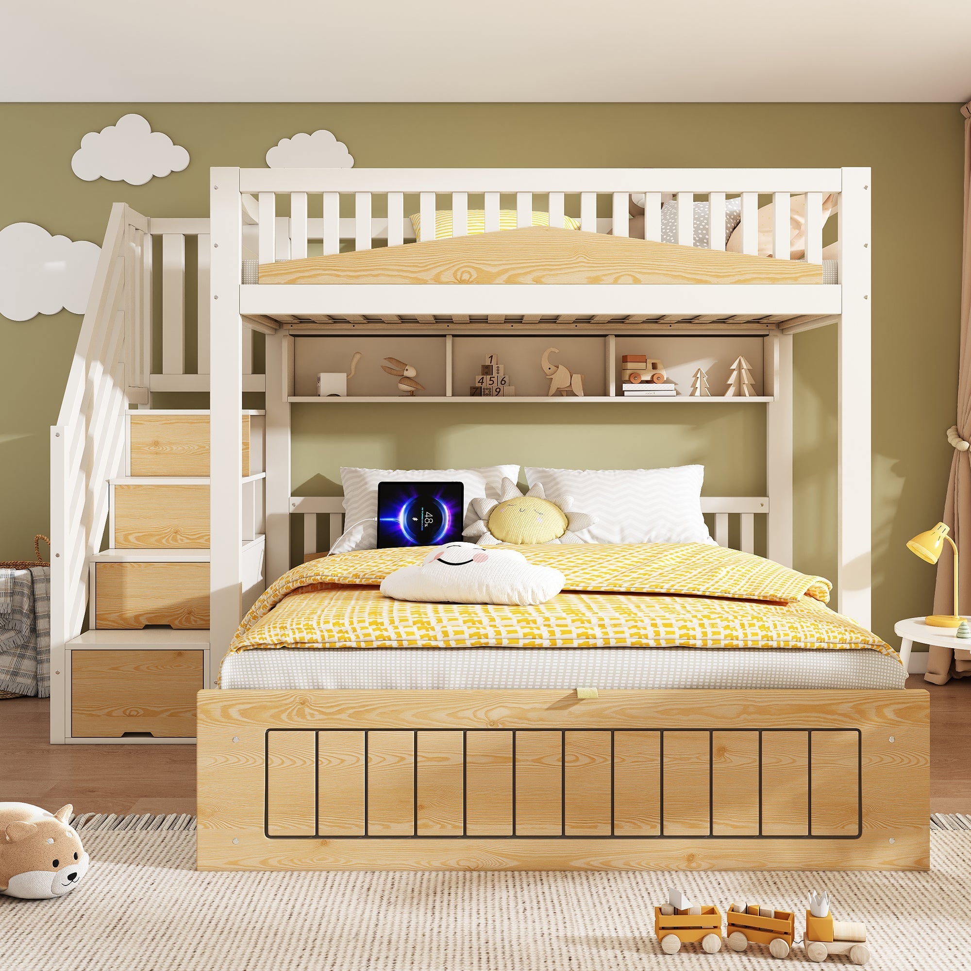 Children's Wooden Bunk Bed 90x200 & 140x200 cm with Hydraulic Storage and USB-C Port, White and Natural