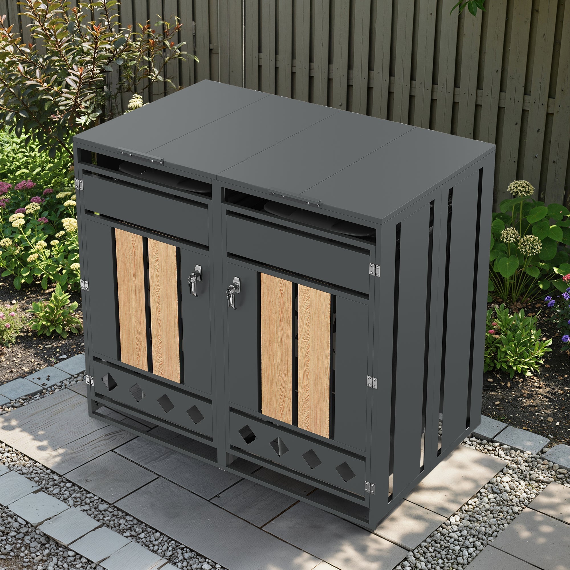 Bin Storage Box with Hinged Lid and Lockable Two Doors, Vertical Wood Grain