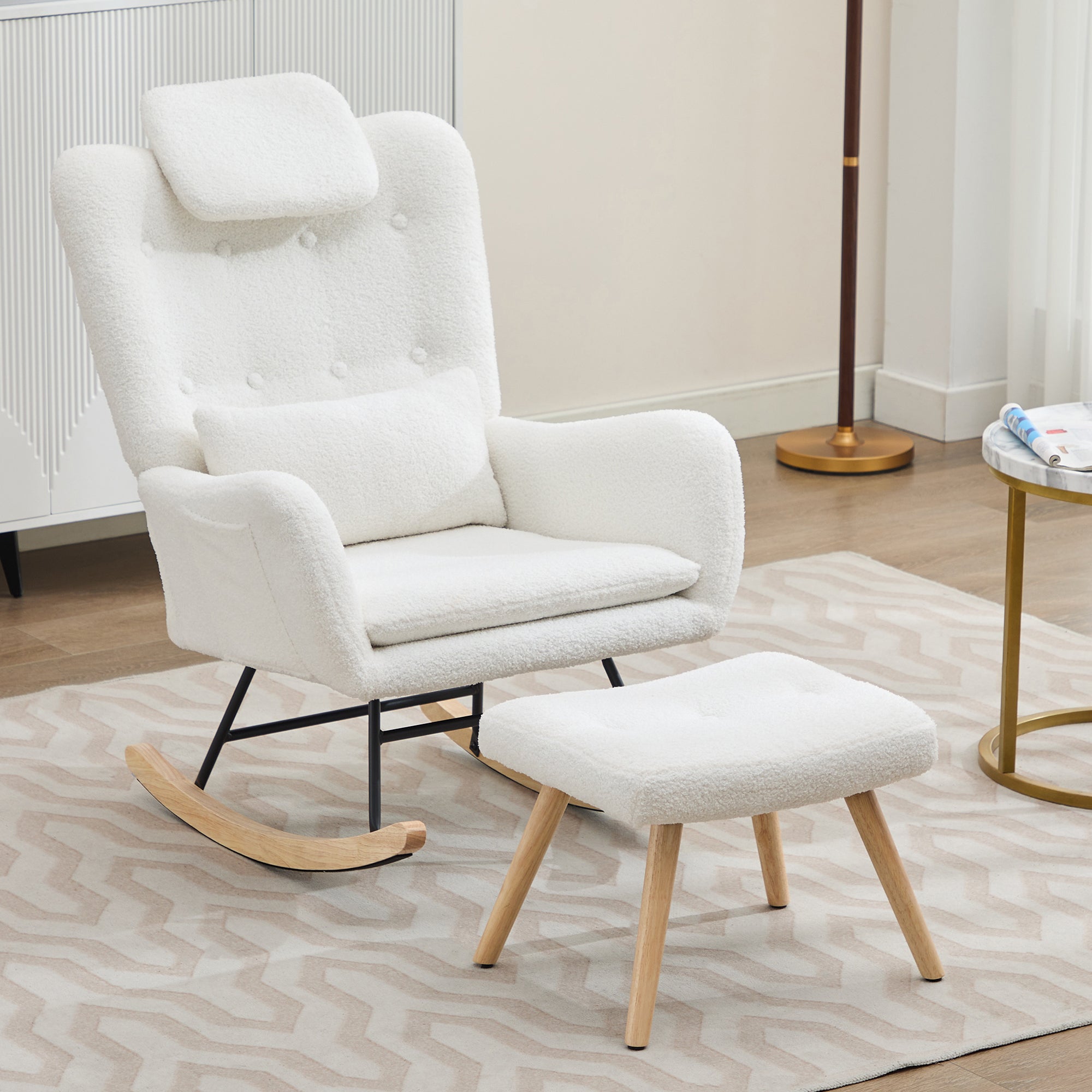 Rocking Chair with Footstool, Armrests Recliner Lounge Chair, Teddy Velvet Fabric