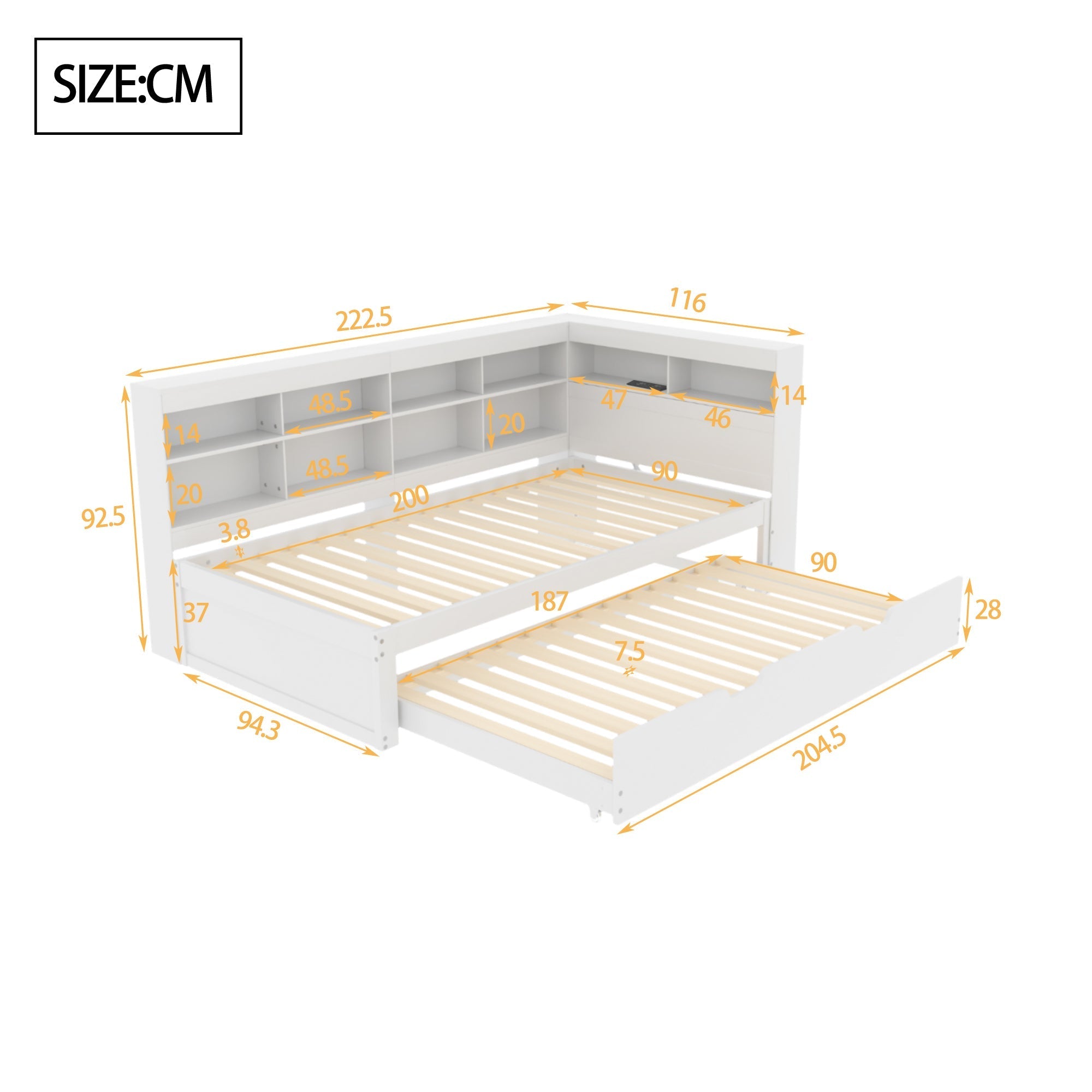 Sofa Bed 90*200 Pull-Out with USB & Storage, Solid Wood, White