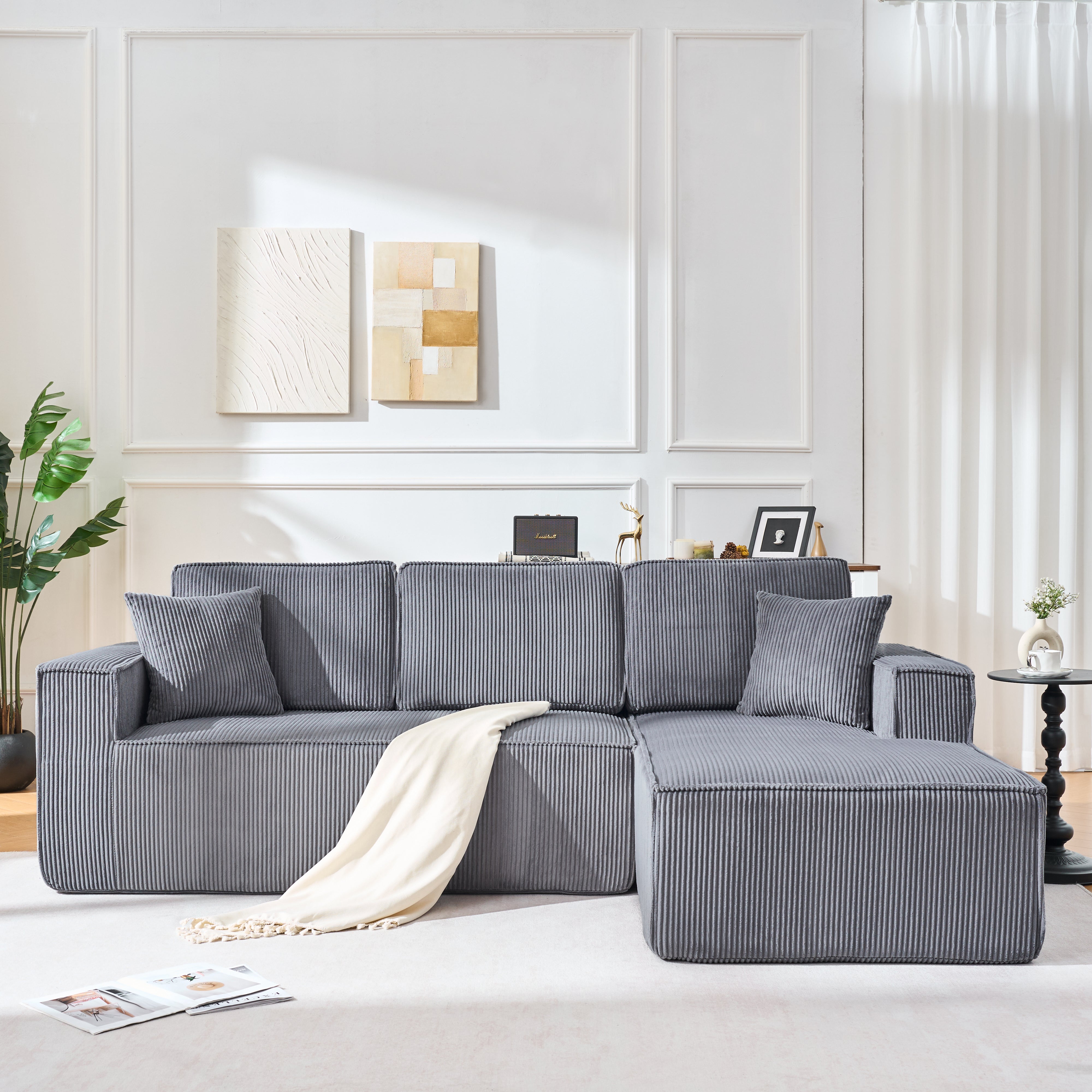 Modular L-Shaped Sofa with Chaise Longue and High-Density Foam, Gray Corduroy