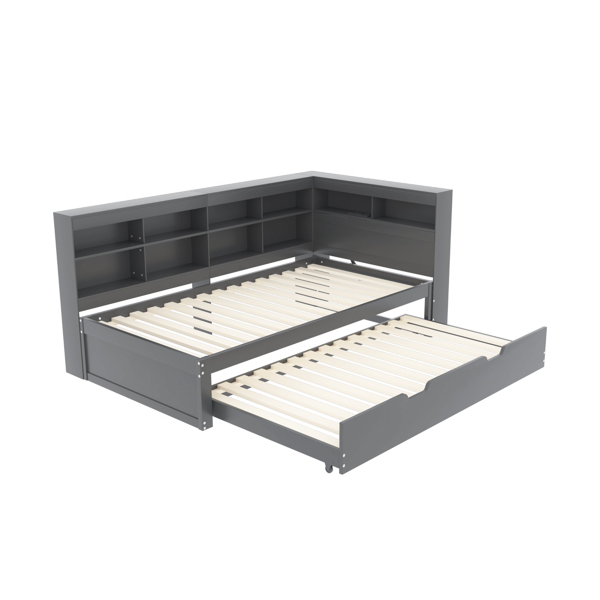 Multifunctional Sofa Bed with Extendable Bed, USB Socket and Storage, Grey Solid Wood