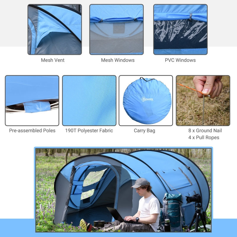 Pop-up Camping Tent, 4-5 Person Family Tent with 2 Windows, Sky Blue