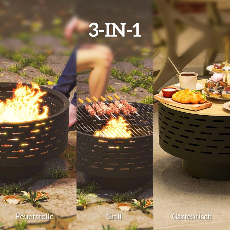 Fire Pit 3-in-1 Ø60cm Grill Grate Spark Screen Poker Stainless Steel Charcoal Grey