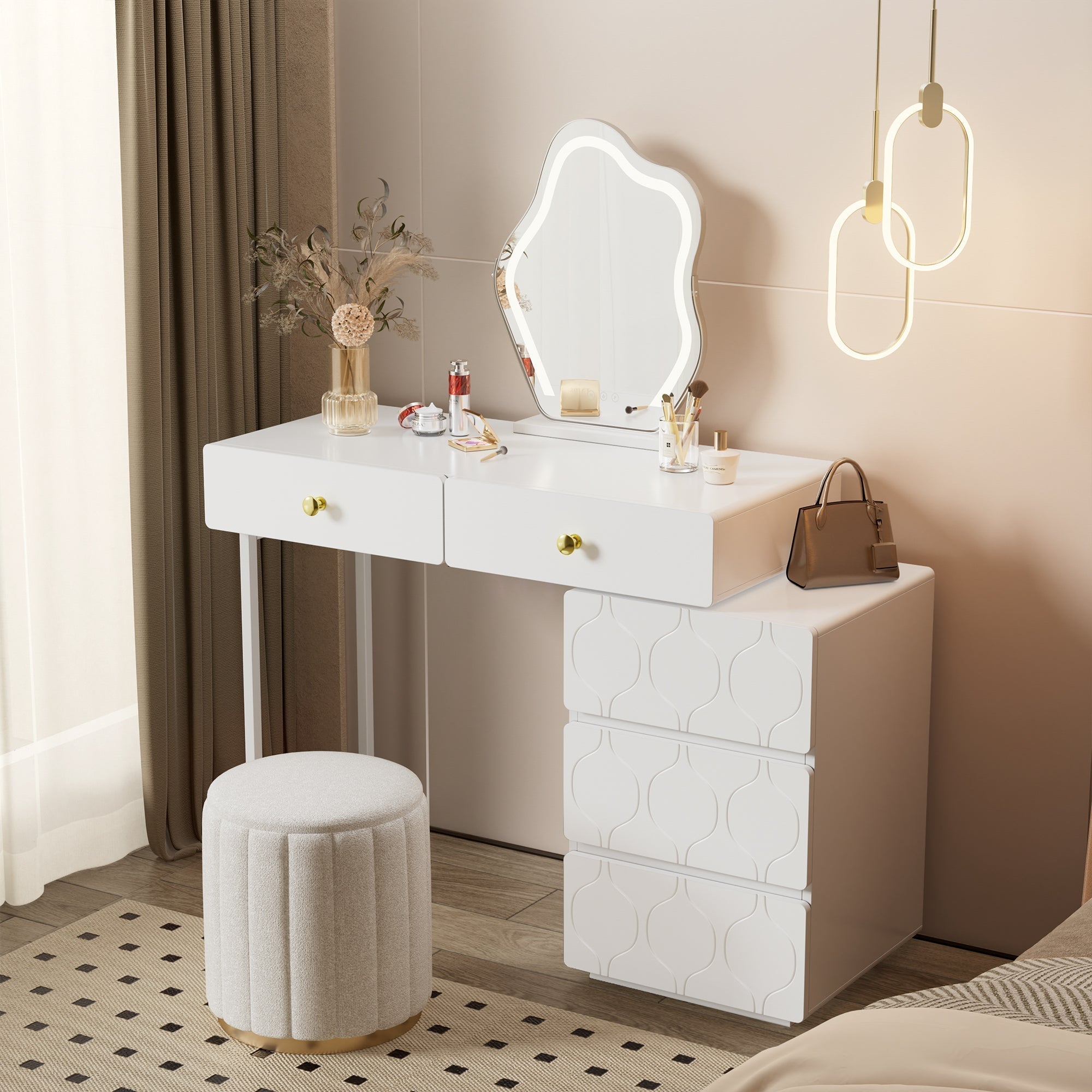 Dressing Table with 5 Drawers and Interchangeable Cabinet, 90x40x73.5cm, White Wood