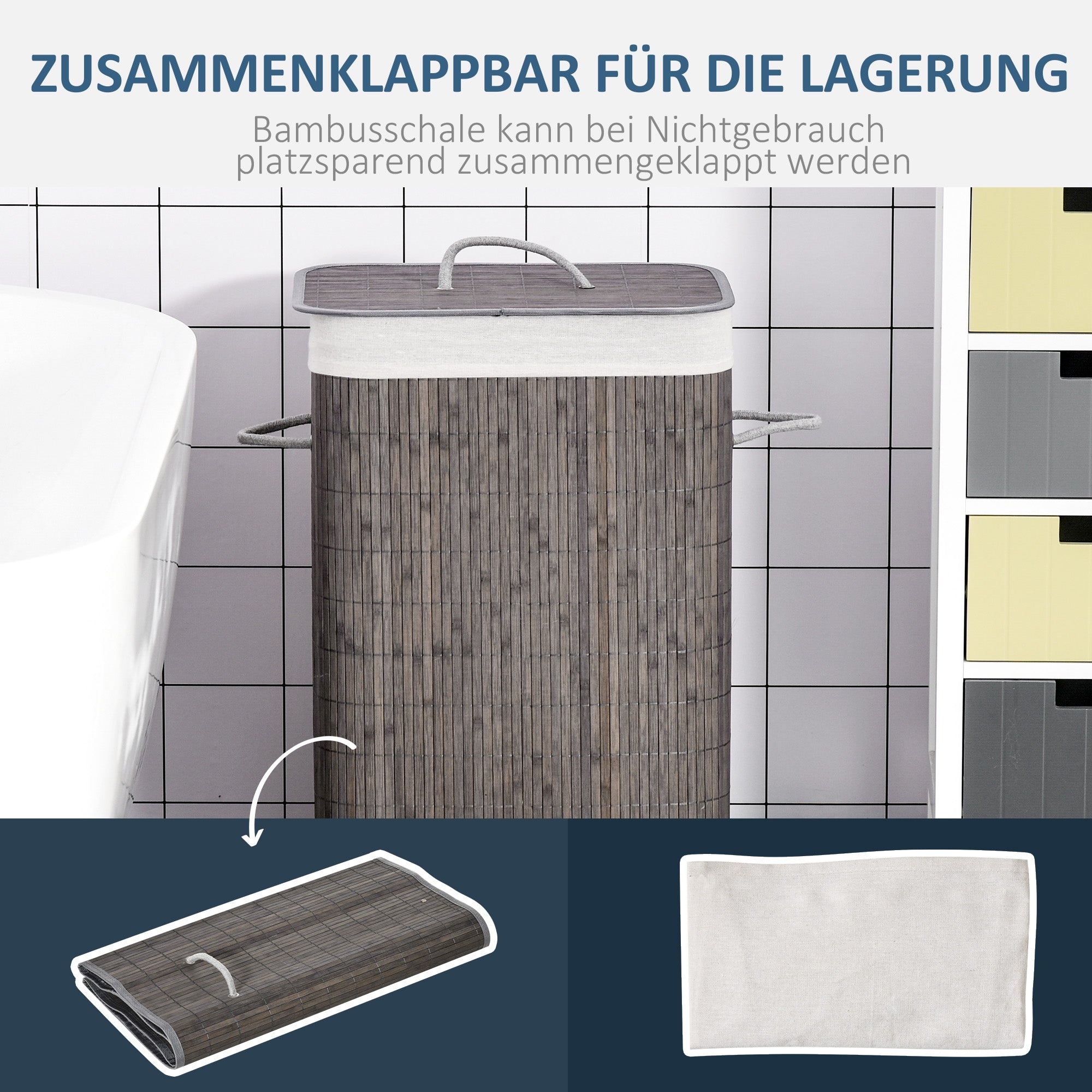 Wäschekorb Bambus 83L mit Deckel, Griffen, abnehmbarem Wäschesack, Grau