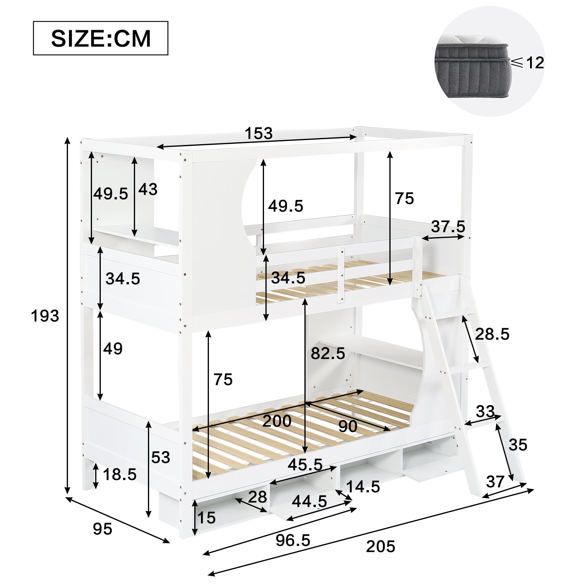 Bunk Bed with Safety Gate, Table, Shoe Cabinet, Ladder, Pine+MDF+Plywood, White