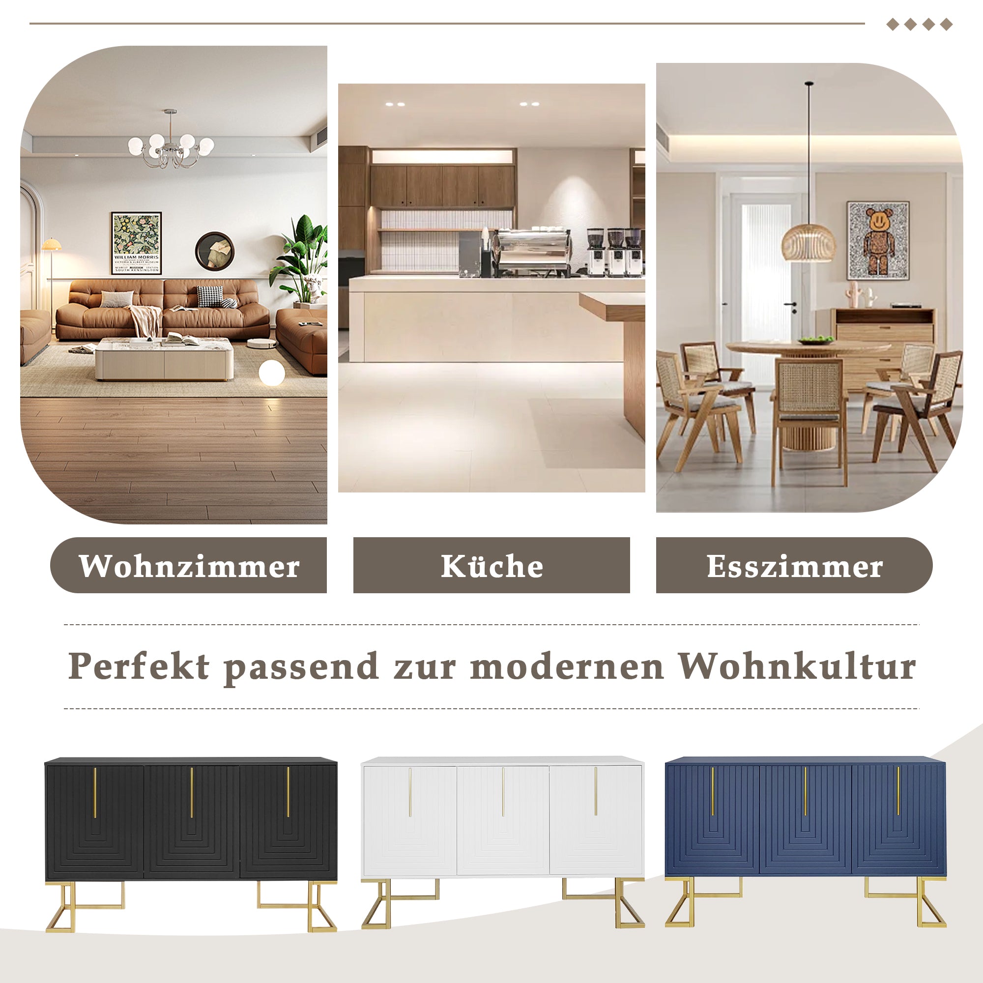 Sideboard, 3-Door with Adjustable Shelves, U-Shaped Cabinet Doors, Metal Handles, White