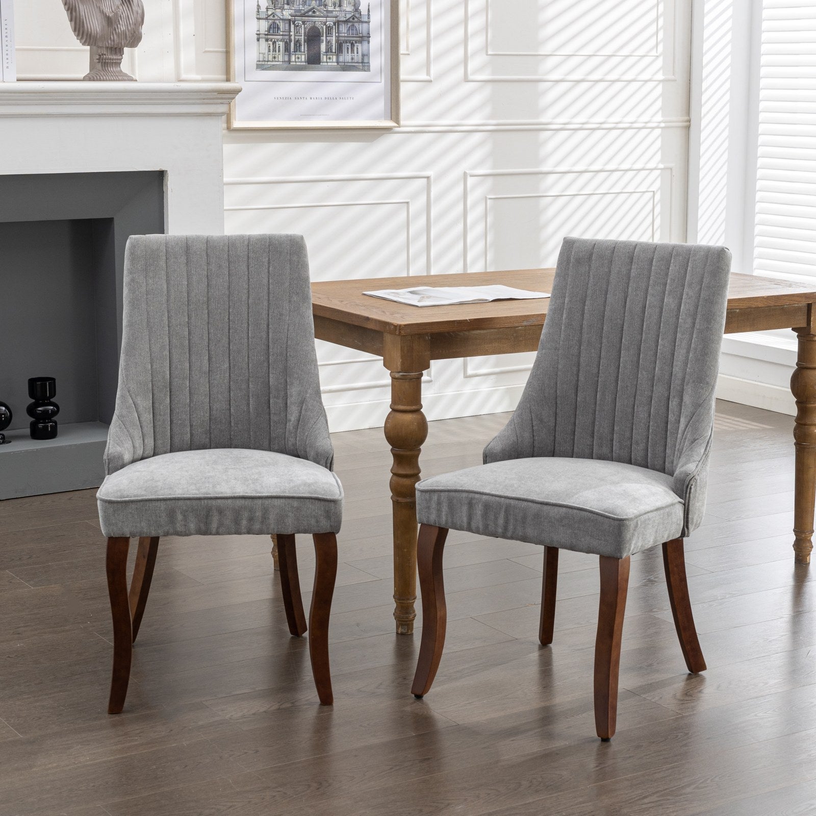 Dining Chairs Set of 2 Upholstered Fabric Curved Solid Wood Legs - Gray