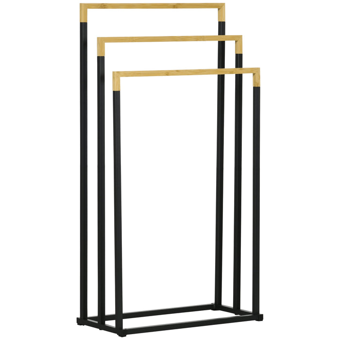 kleankin Towel Rack, 3 Bars, Steel & Bamboo, Black