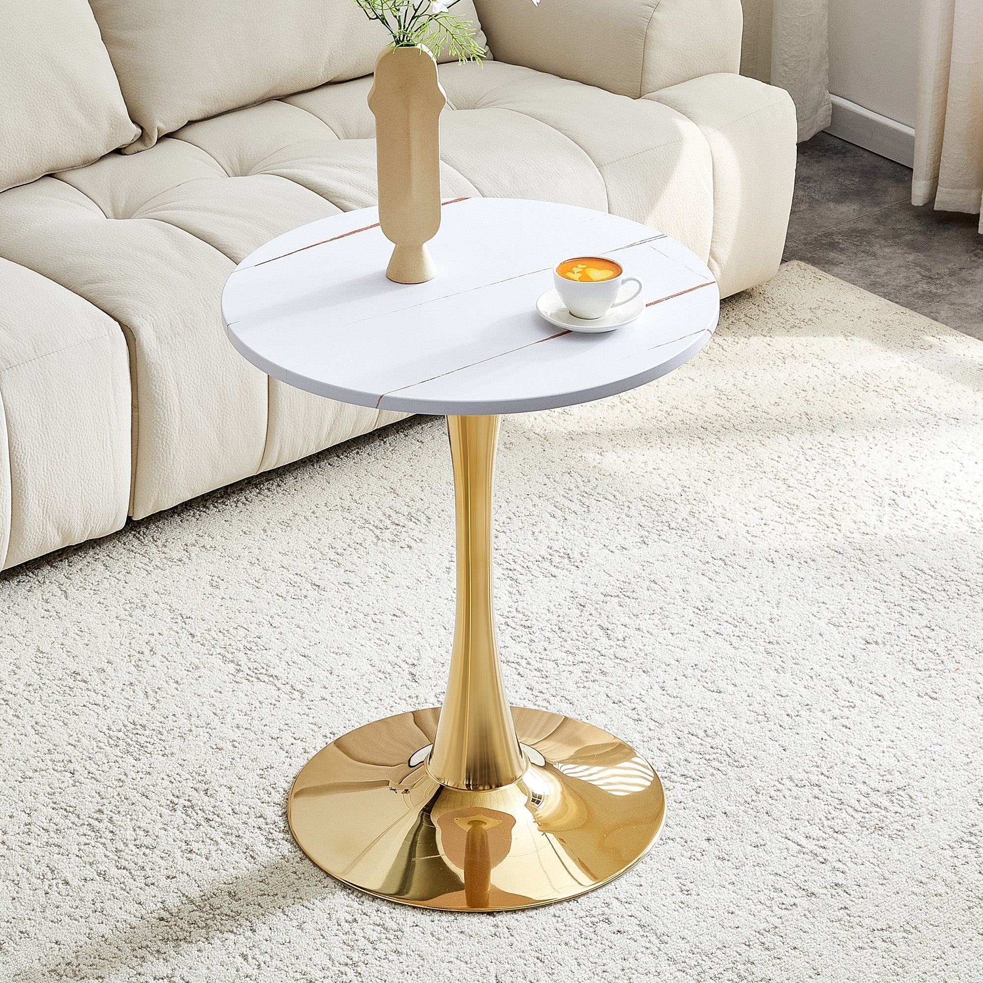 Round 60cm Side/Dining Table MDF Golden Leg White Grain