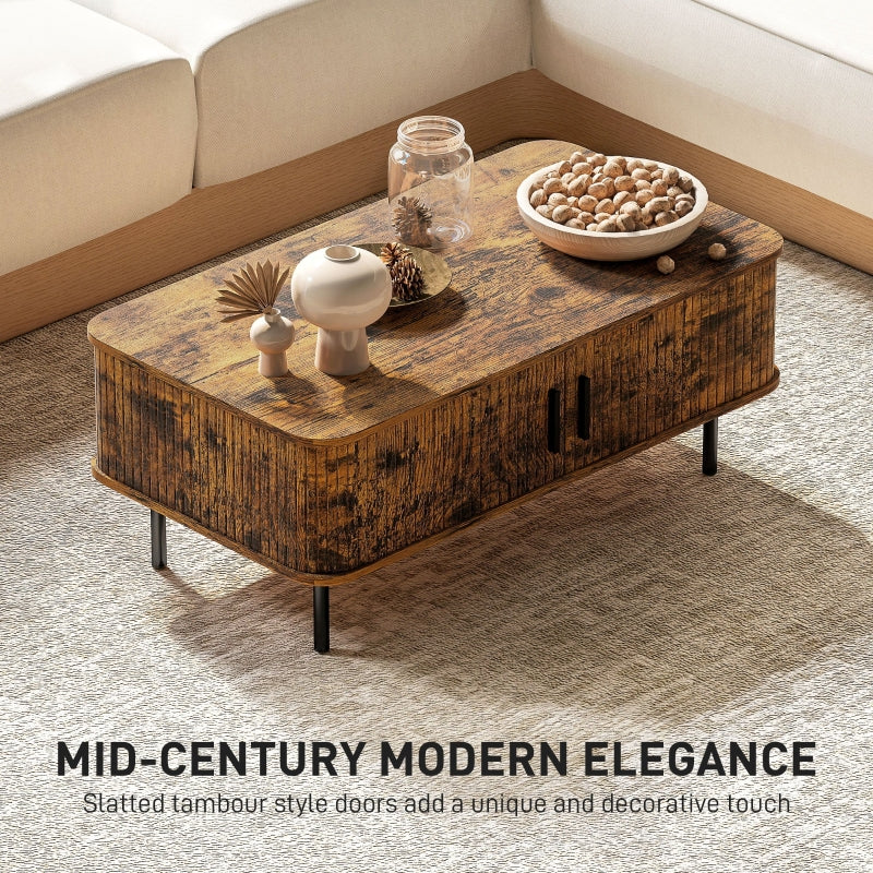 Coffee Table with Storage, Rectangular Slatted Sliding Doors, Rustic Brown