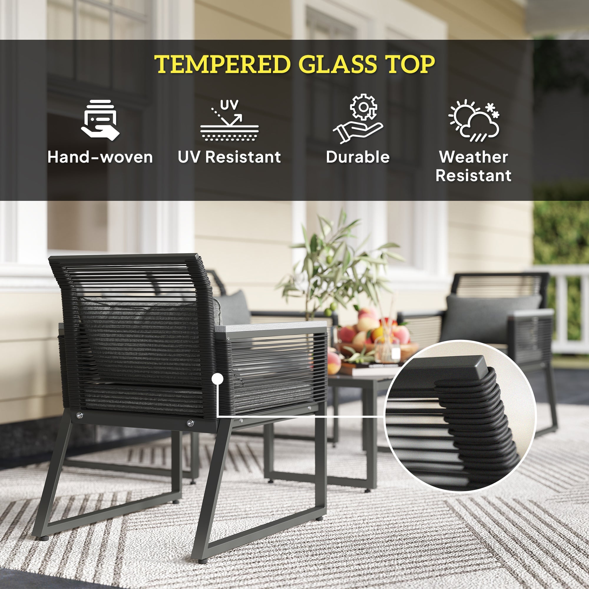 4 Pieces Garden Furniture Set, Rattan, Charcoal Grey