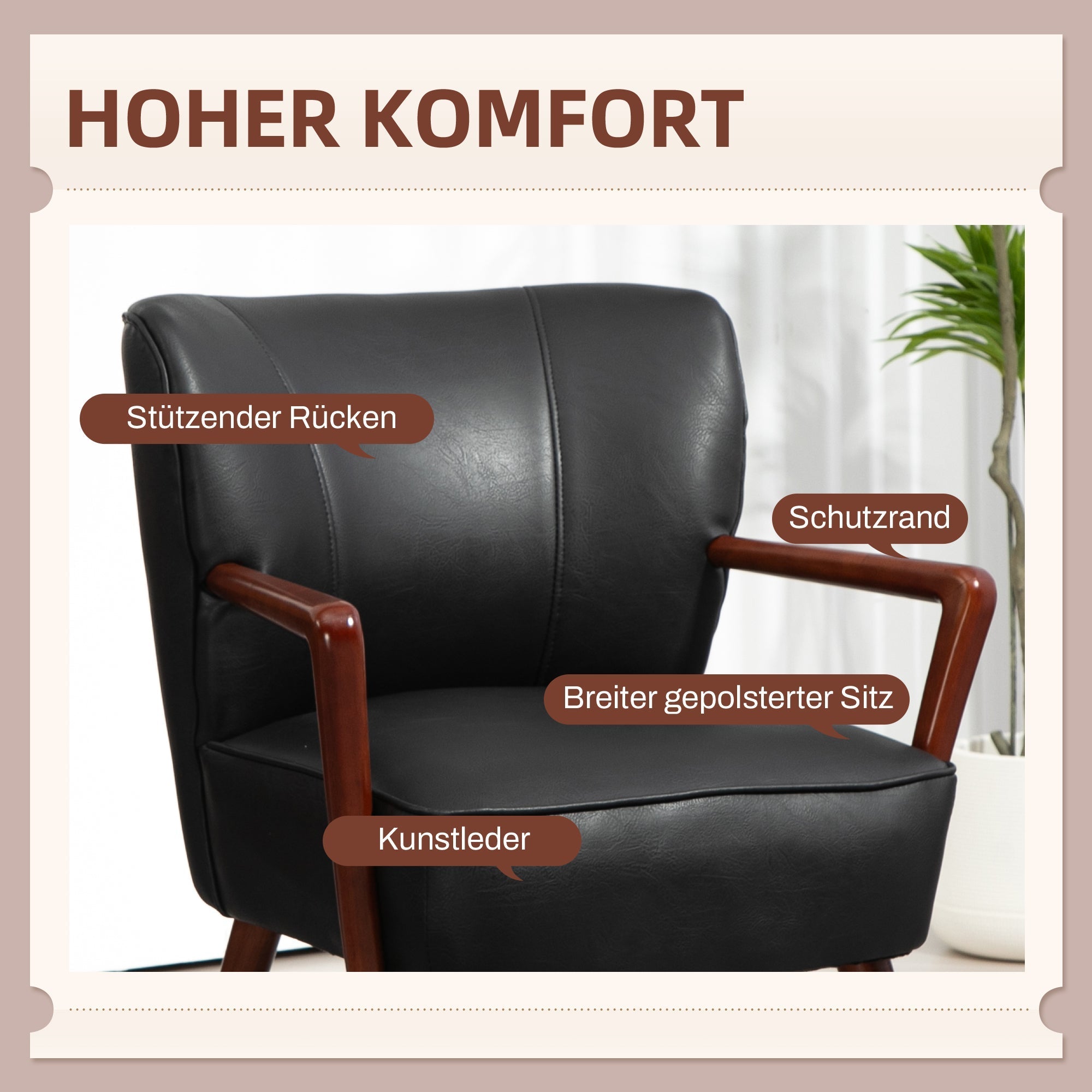 Loungesessel, Armlehnen, Holzbeine, Kunstleder