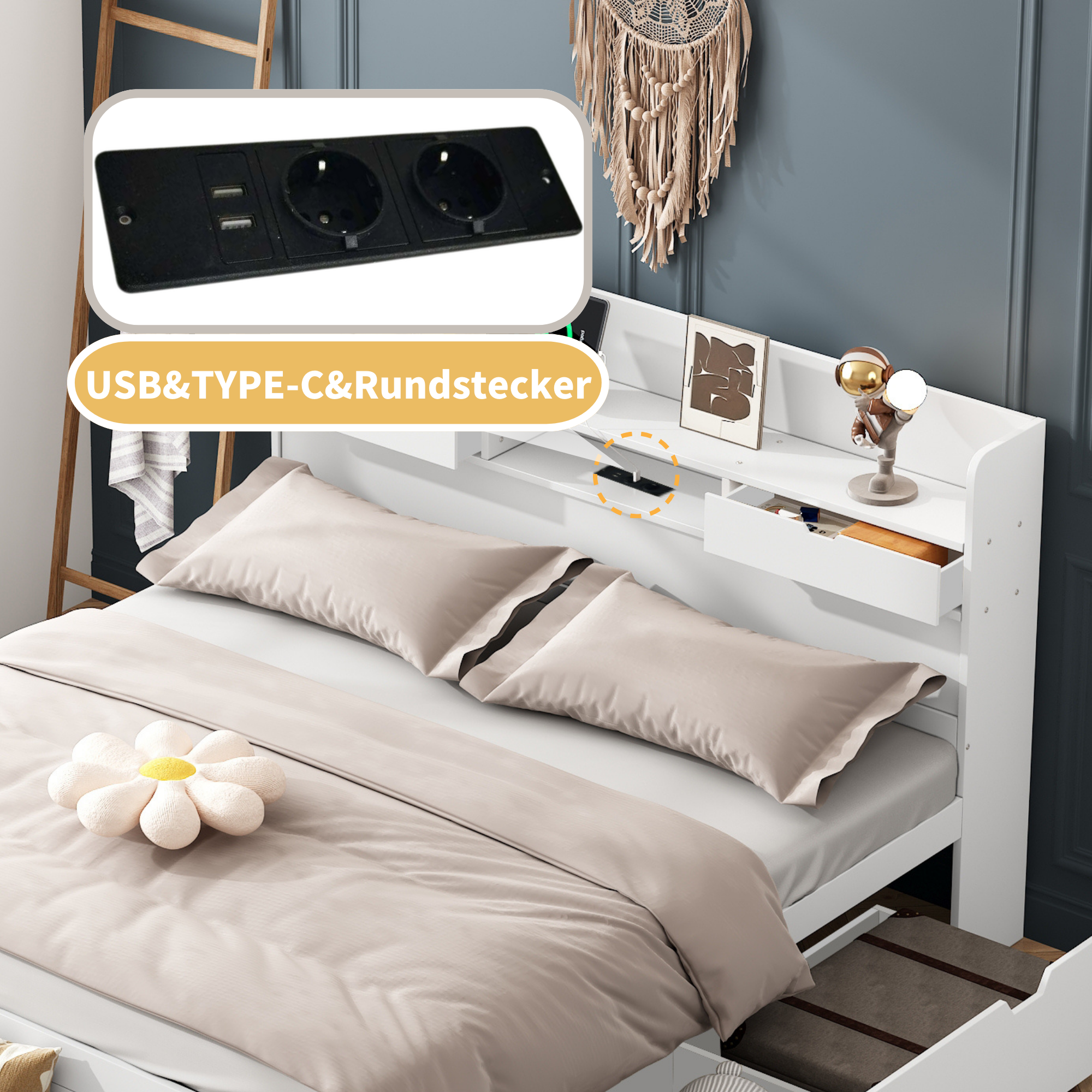 Multifunctional Double Bed with USB Port, Drawers and Storage Cabinet, 140x200cm, White Wood