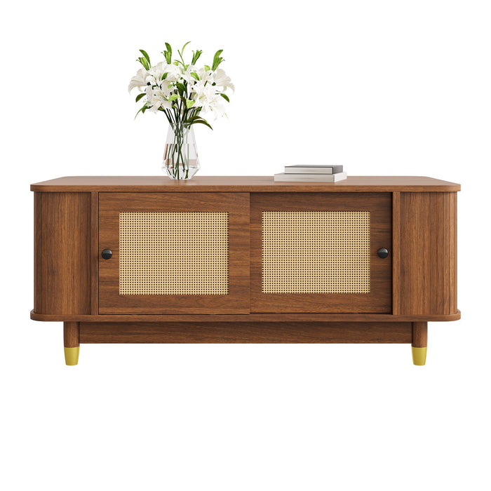 Coffee Table with Rattan Sliding Doors and Rounded Corners, Modern Wood Look MDF