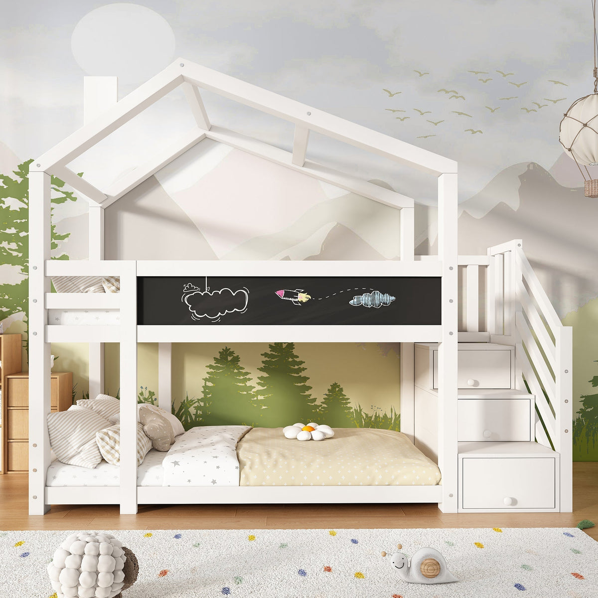 Children's Treehouse Bunk Bed 90x200cm, Storage, Fall Protection, White