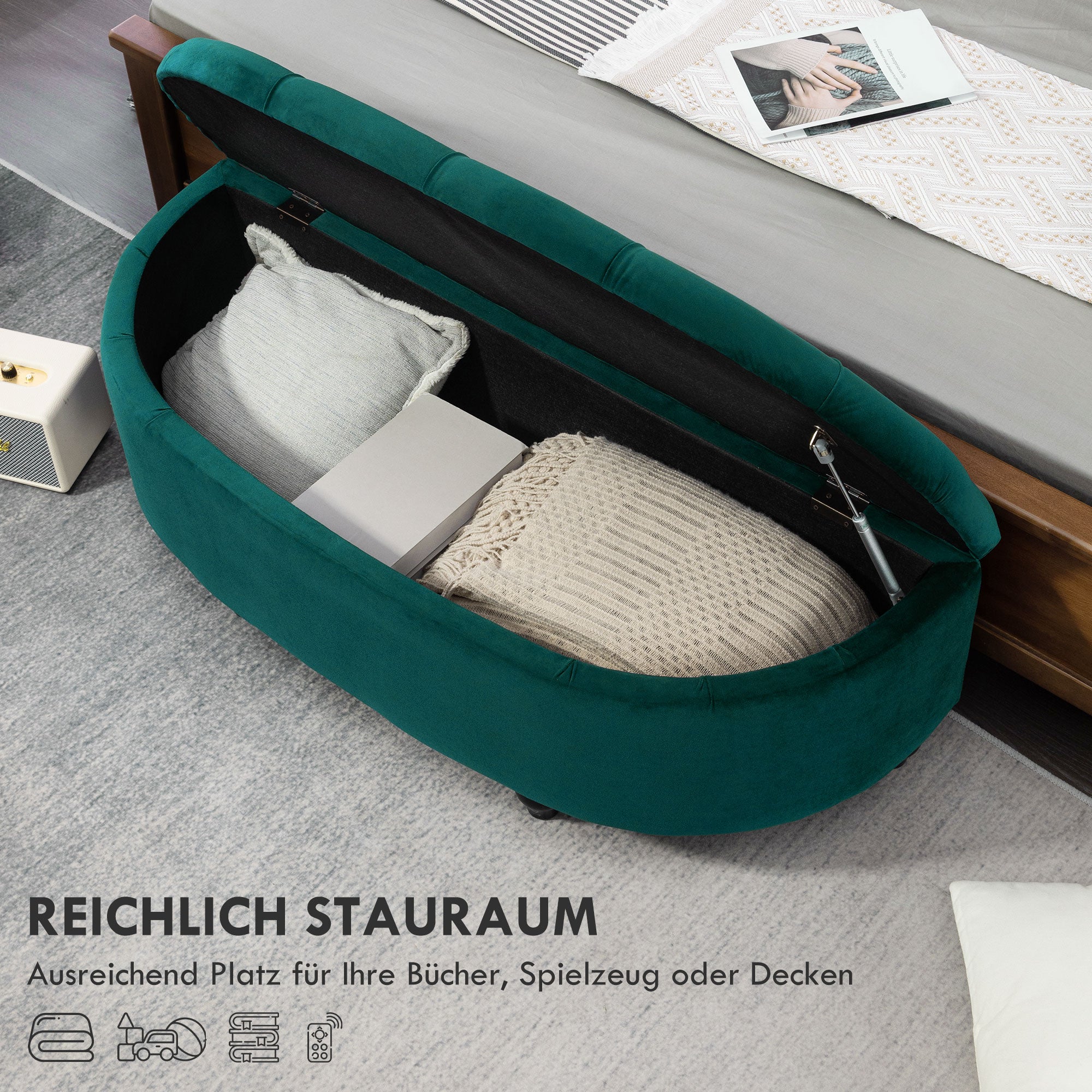 Storage Bench, Open Lid Upholstered, Dark Green Velvet