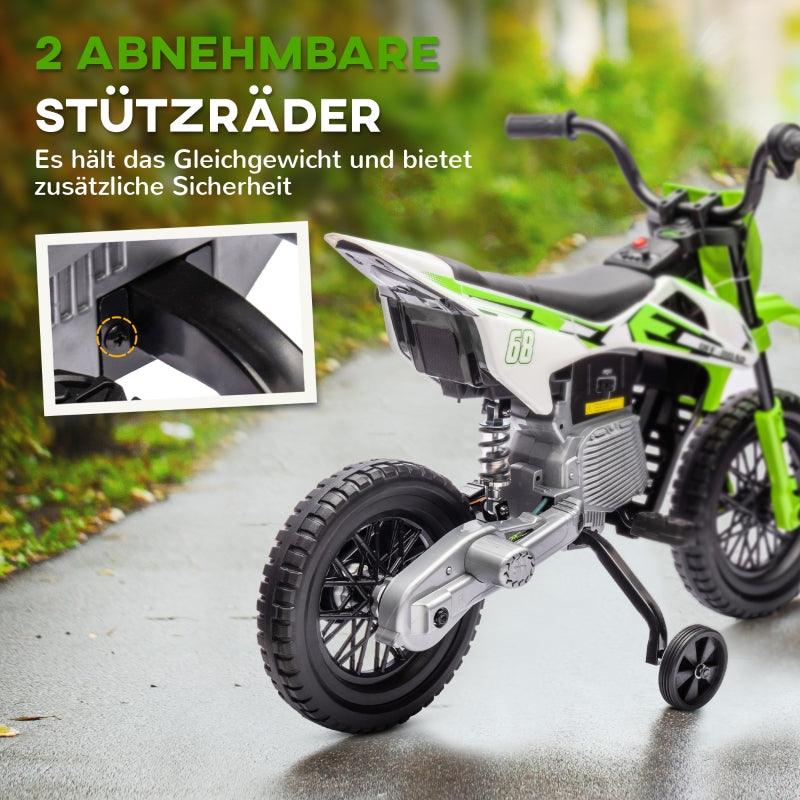 AIYAPLAY Electric Motorcycle for Kids, 12V with music and training wheels, green