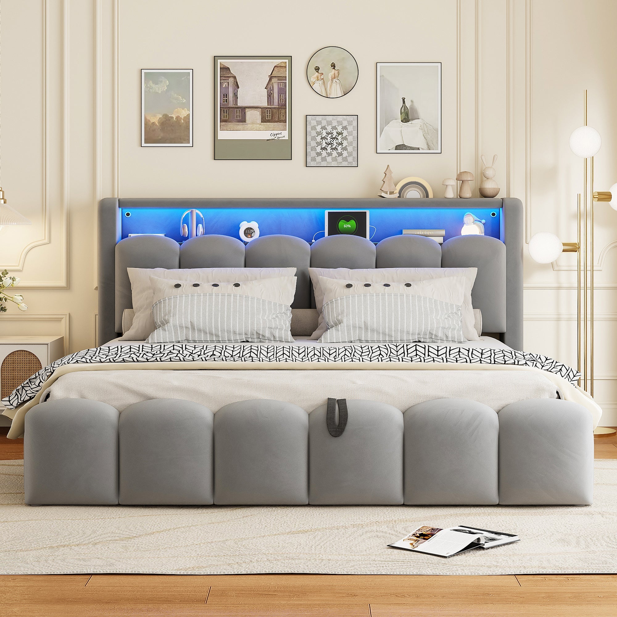 Upholstered Bed 180x200 Hydraulic Storage Headboard USB LED, Velvet Grey