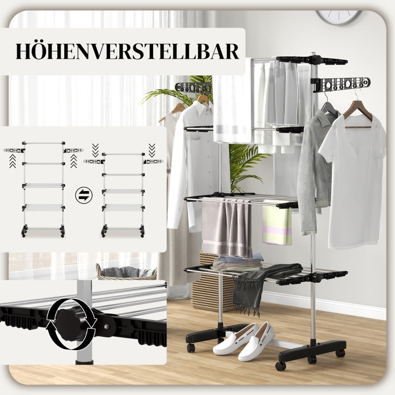 Wäscheständer, 5-stufig, faltbar, Ein-Klick-System, Schwarz + Silber