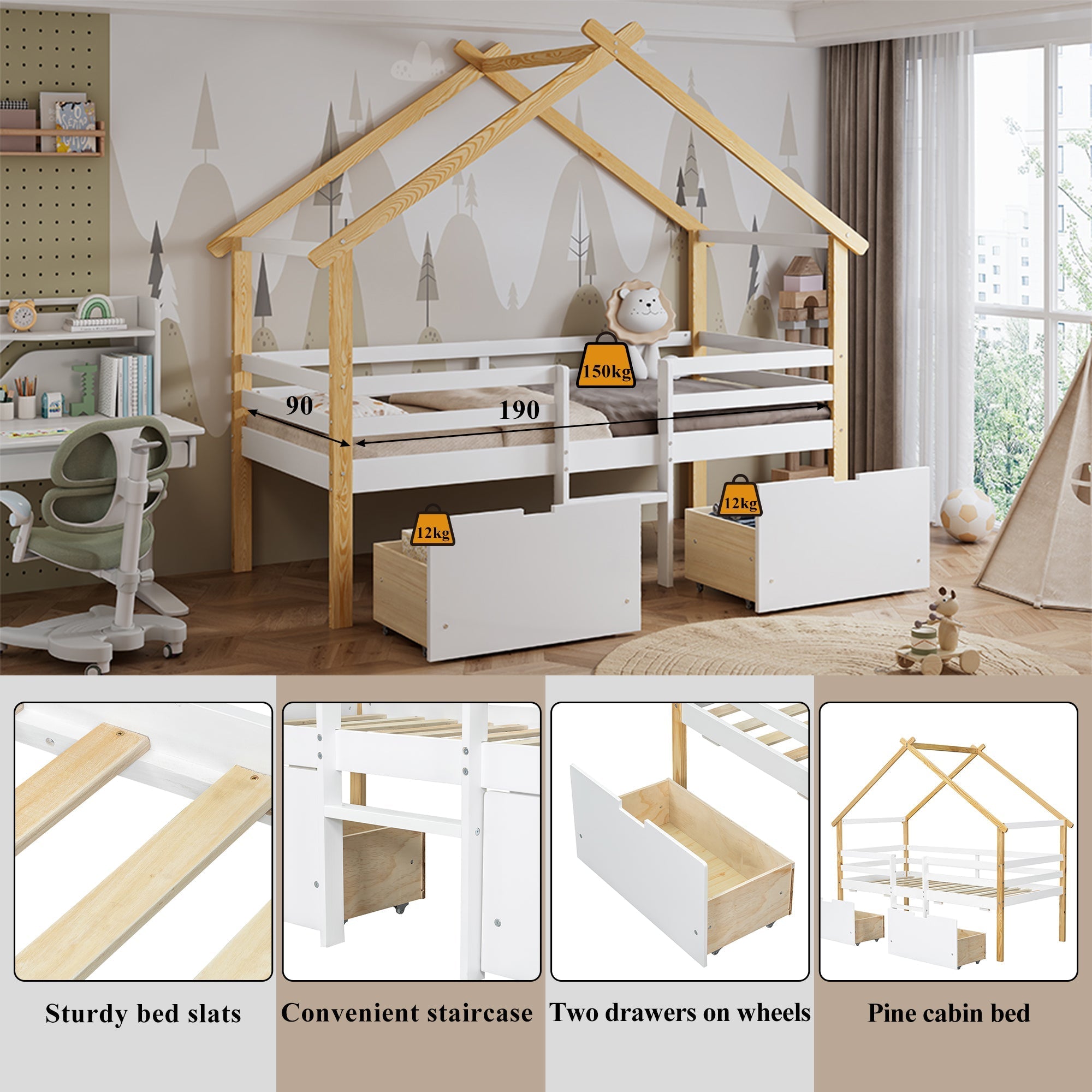 Wooden Children's Bed 3ft Single 90x190cm with Safety Guardrail, Storage Drawers, Imitation Roof Shape, White & Natural