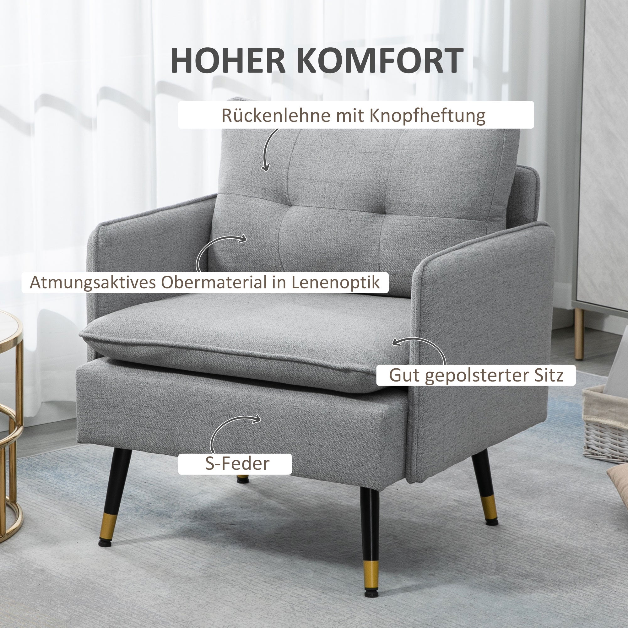 Single Armchair Upholstered, Accent, Cushion, Steel Legs, Linen Look