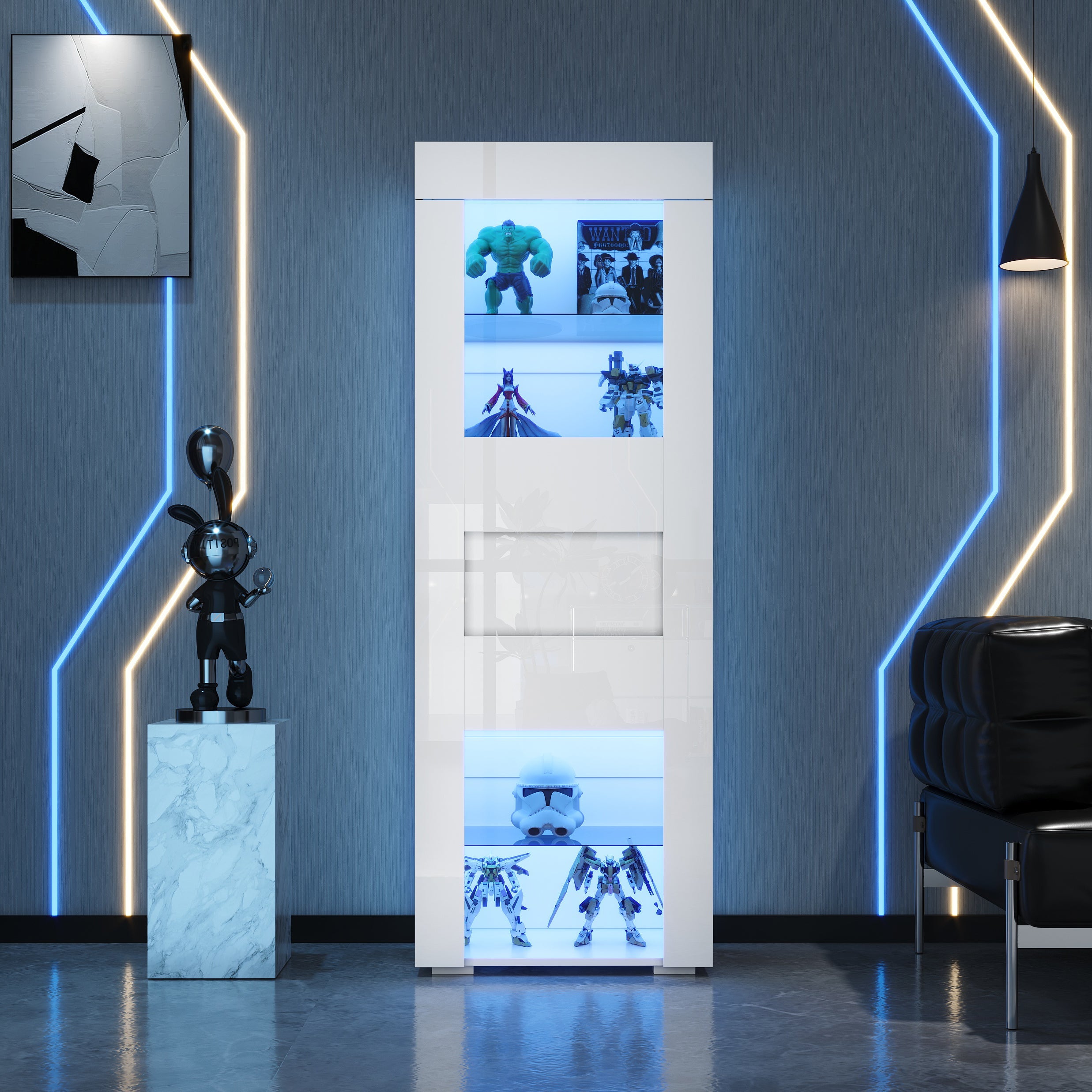 Cabinet High-Gloss Display Storage with LED Lighting, 2 Glass Shelves, White
