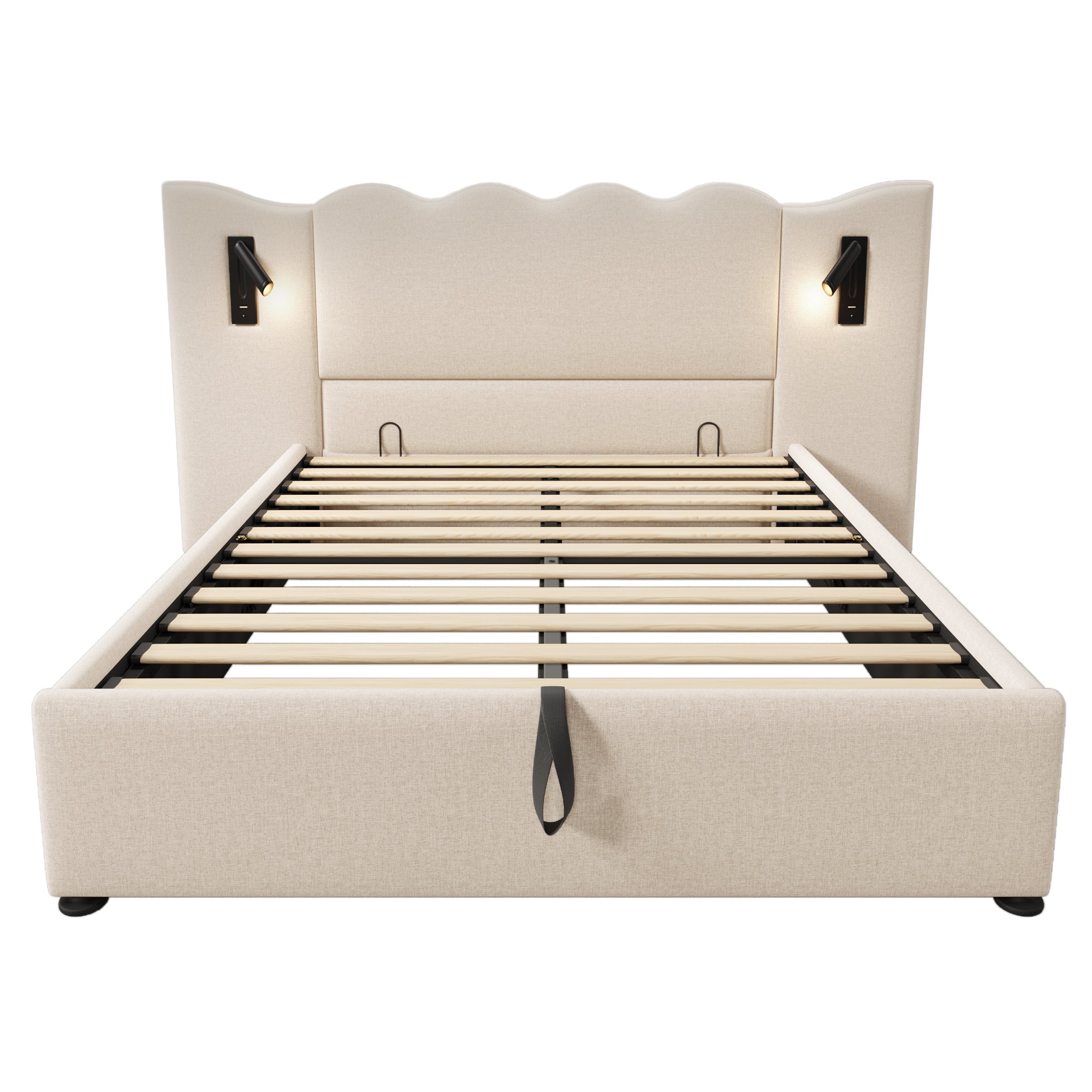 Upholstered Double Bed, 160x200, Reading Lamp & USB-C, Storage, Beige Linen