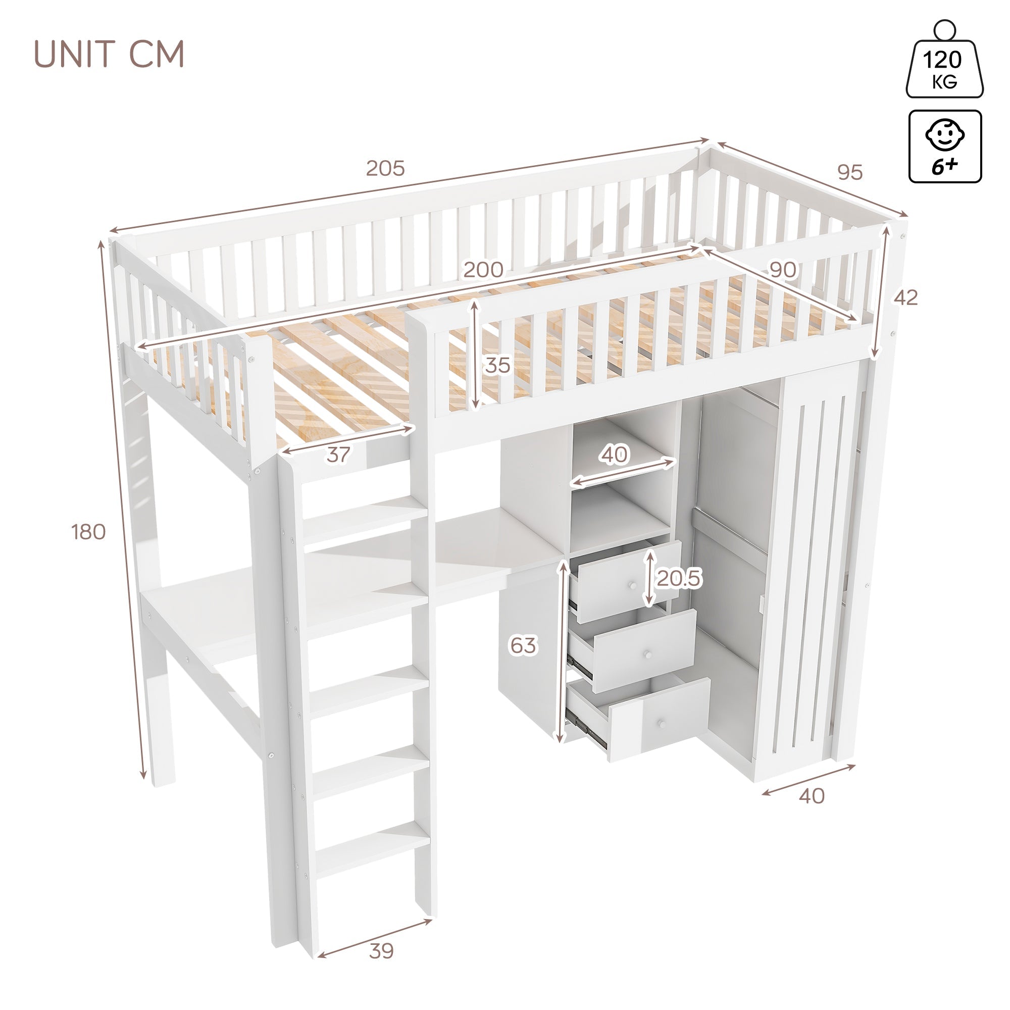 Loft Bed 90x200cm Desk Wardrobe 3 Drawers Stairs - White