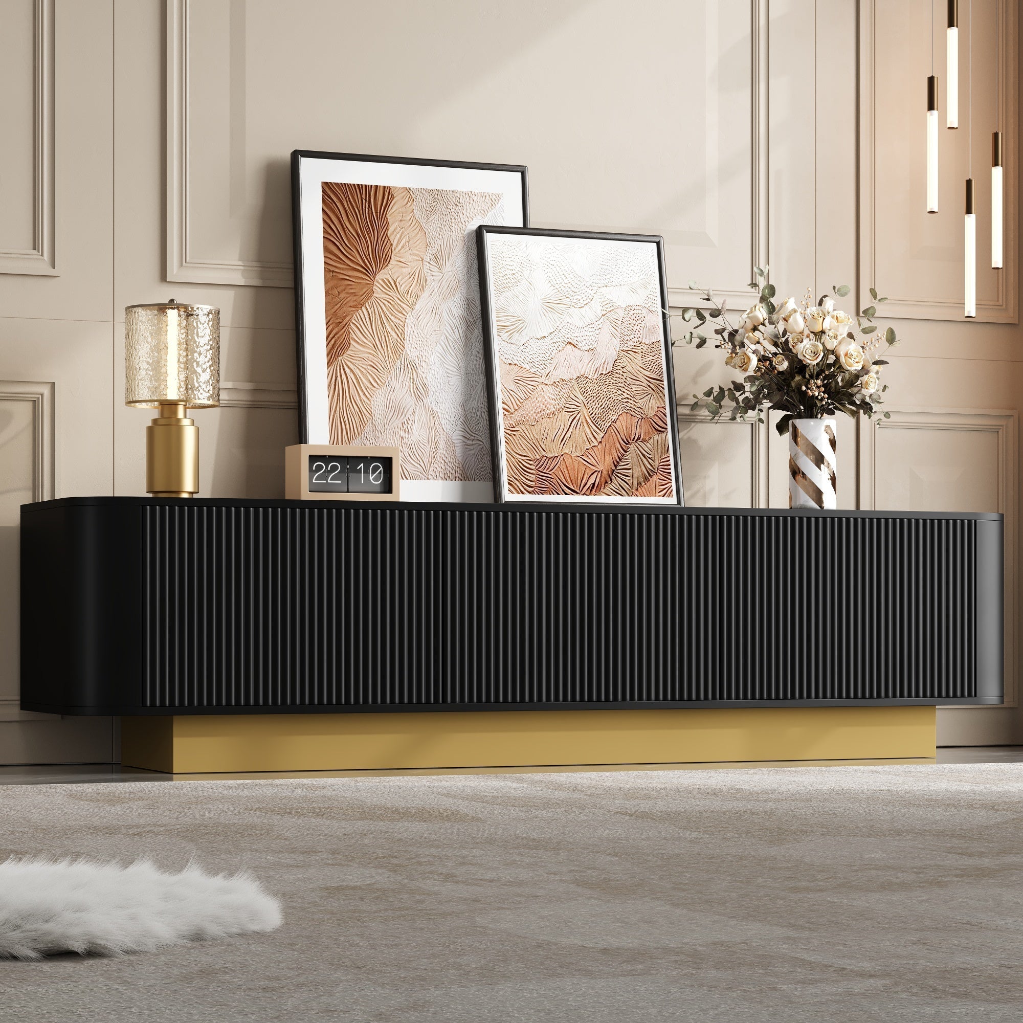 Modern TV Stand with Storage and Textured Front, Black