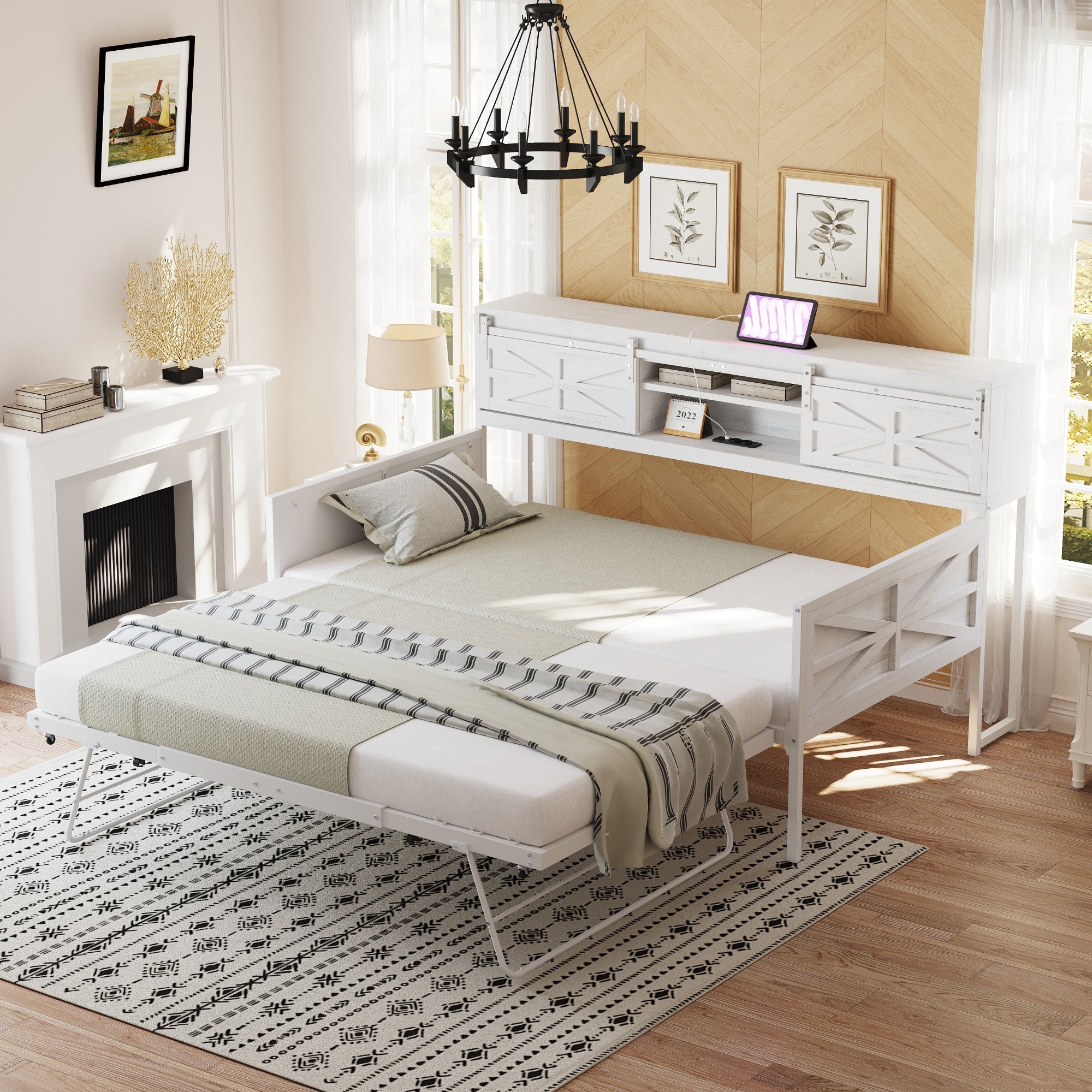 Iron Sofa Bed, 90x200cm Pull-Out with Storage & Sockets, White