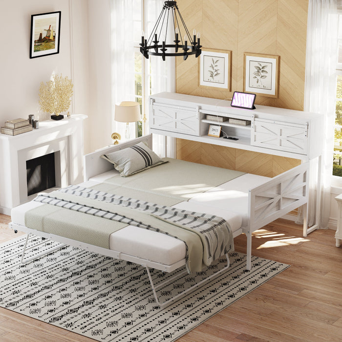 Iron Sofa Bed, 90x200cm Pull-Out with Storage & Sockets, White