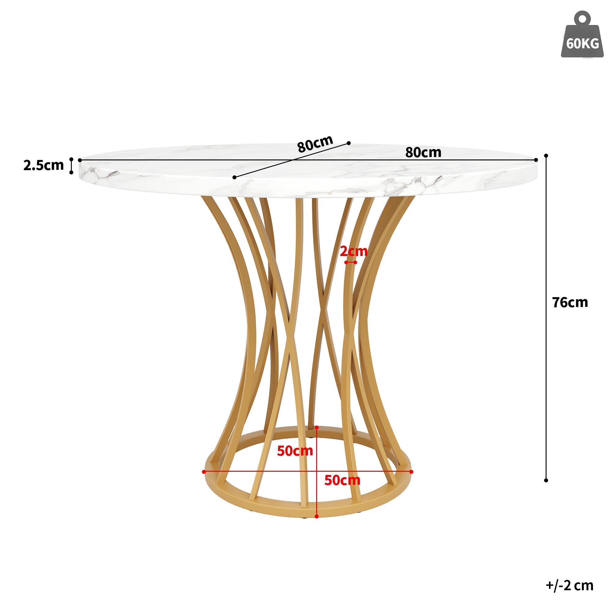 Round Dining Table 80cm 4-6 Seater Marbled Top - Gold Legs