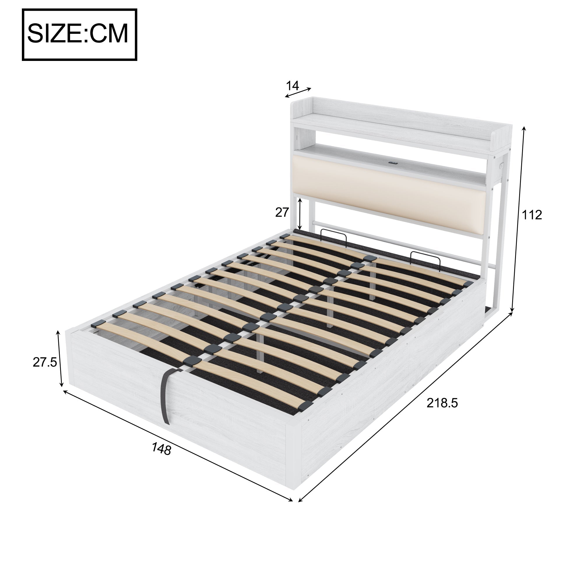 Bed Frame 140x200, Hydraulic Lift, USB, Upholstered Headboard, Wood & Metal, White