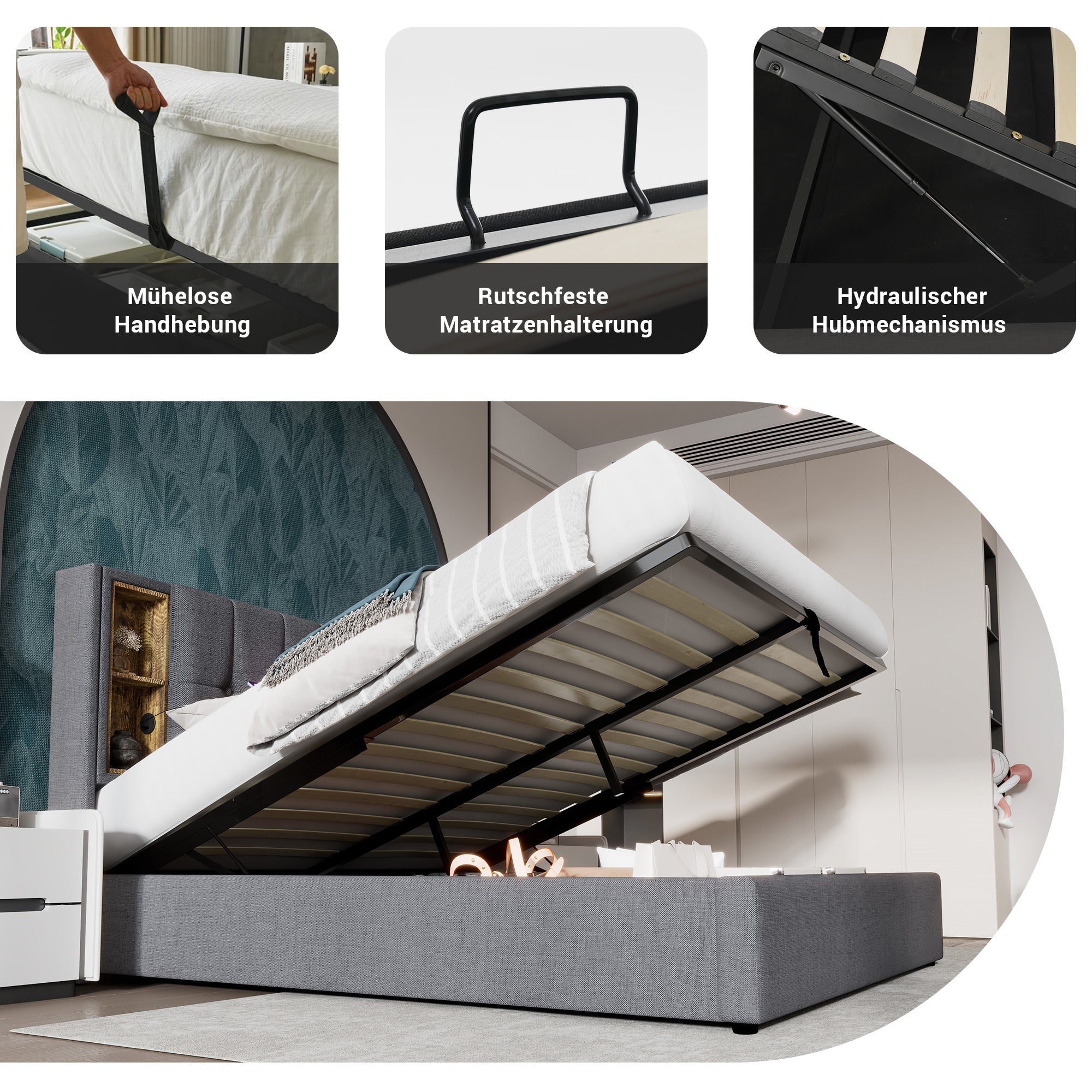 Double Bed with Wireless Charging, Storage, 140x200cm, Grey Cotton