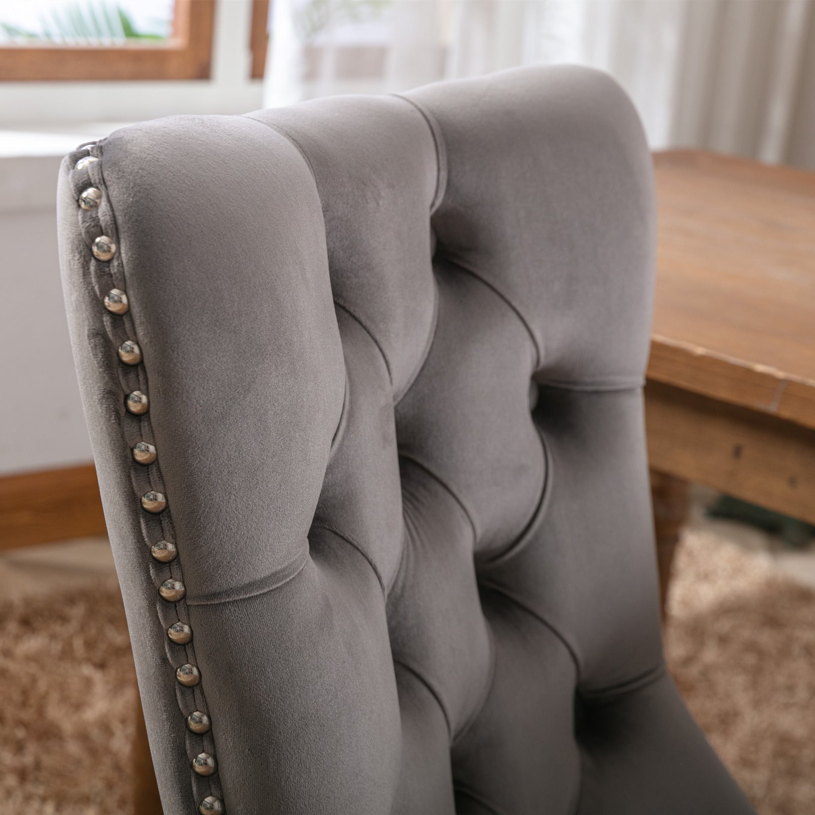 Nikki Collection Dining Chair Set 2-Pcs Tufted Upholstered Solid Wood Legs Grey Velvet