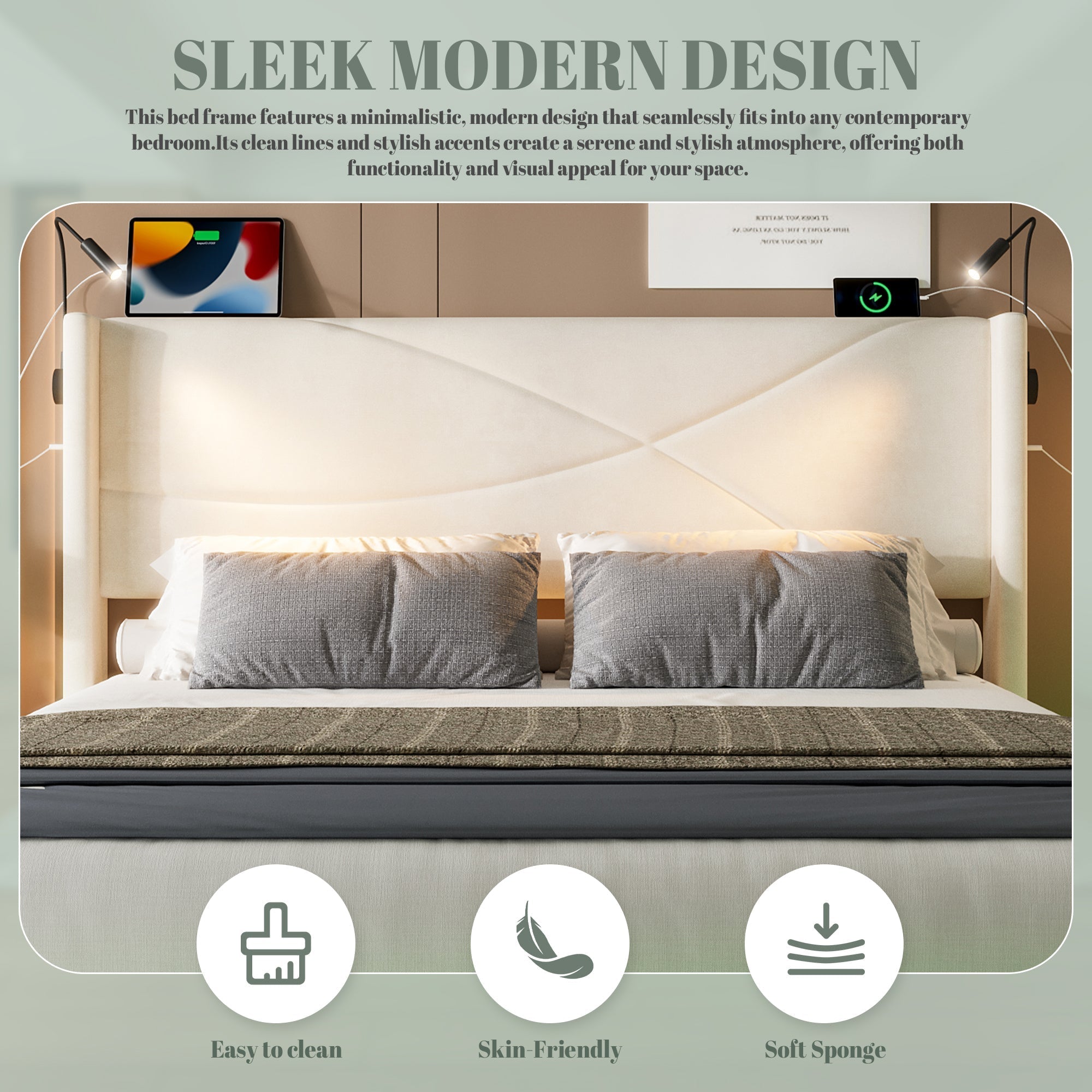 Modern Bed Frame, Reading Lamps, LED Lights, Hydraulic Storage, USB & Type-C Ports, Beige