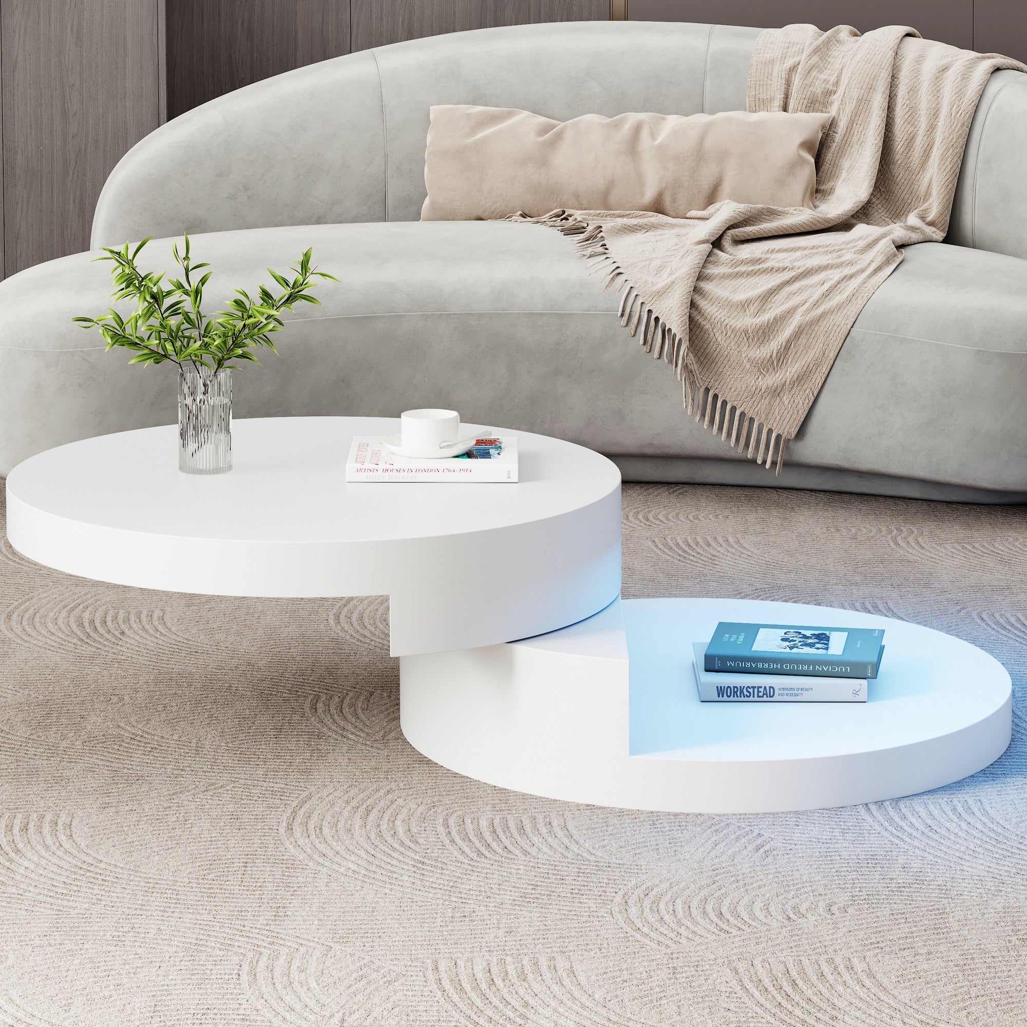 Coffee Table Swivel 360° LED Light Cylindrical MDF White