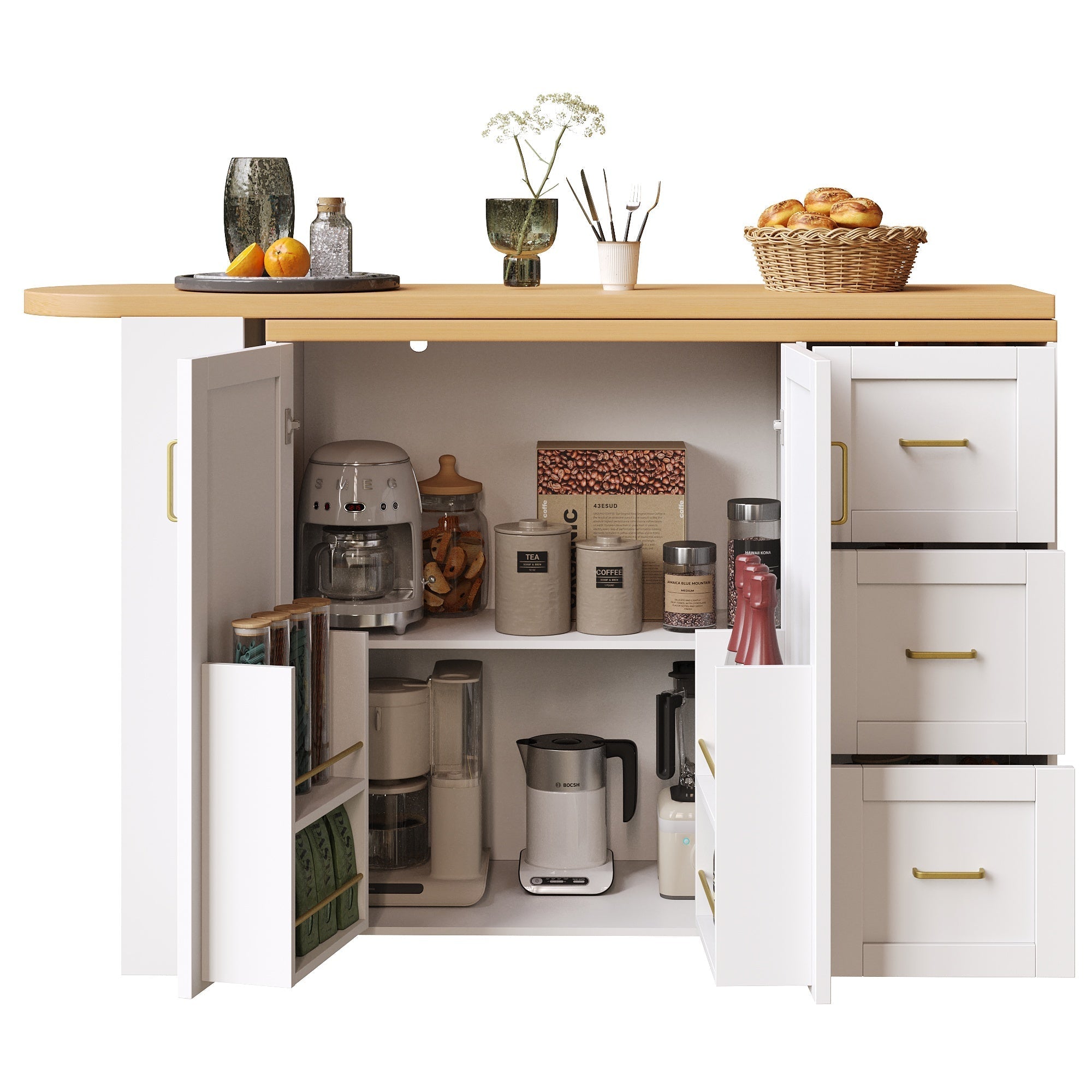 Extendable Bar Cart 2 Doors 3 Drawers Rolling Worktop White/Black Wood Look