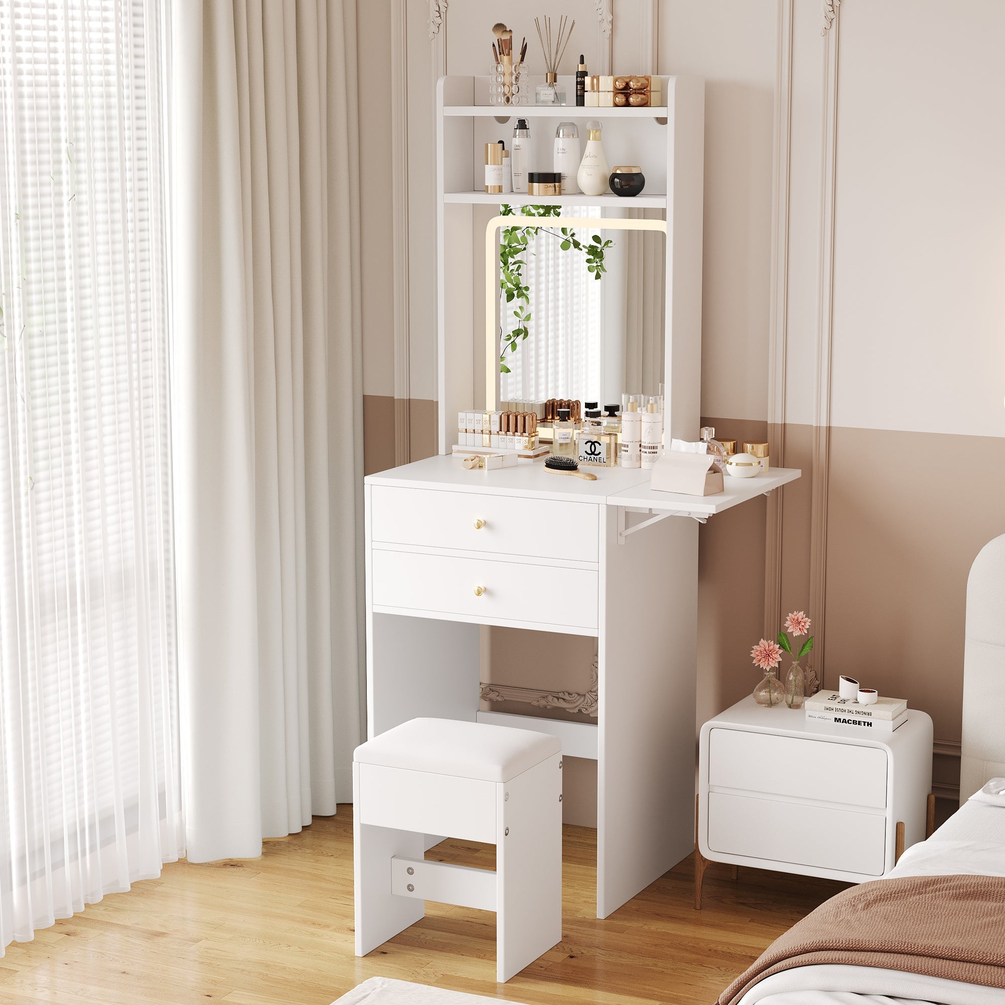 Small dressing table with adjustable LED lighting, stool, 2 drawers, 2 open compartments, and 22cm foldable tabletop, white