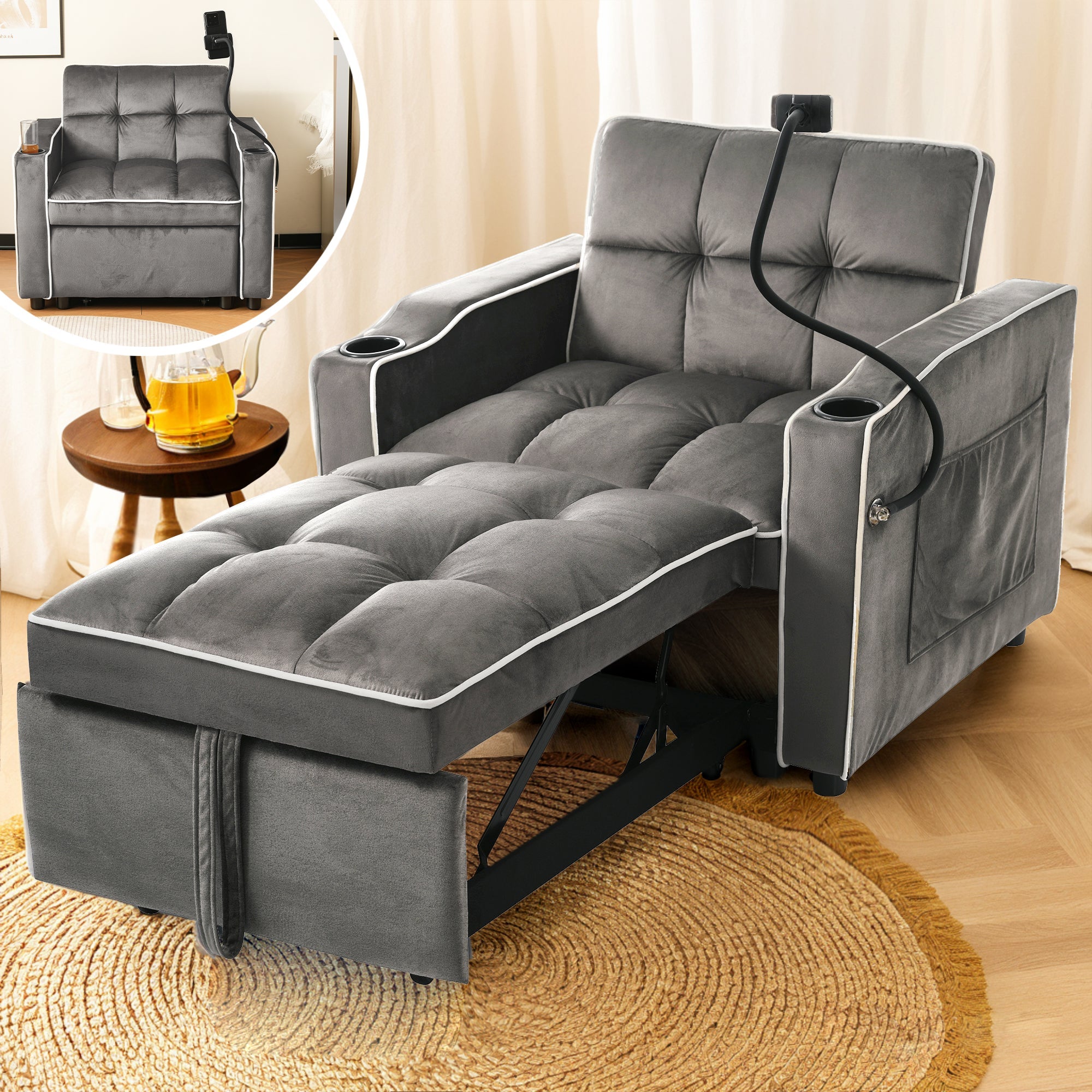 3-in-1 Expandable Single Sofa Bed with Drink Holders, Phone Holder, Sofa Recliner, Sleeper Chair, Armchair, for Small Spaces, Velvet Feel Fabric