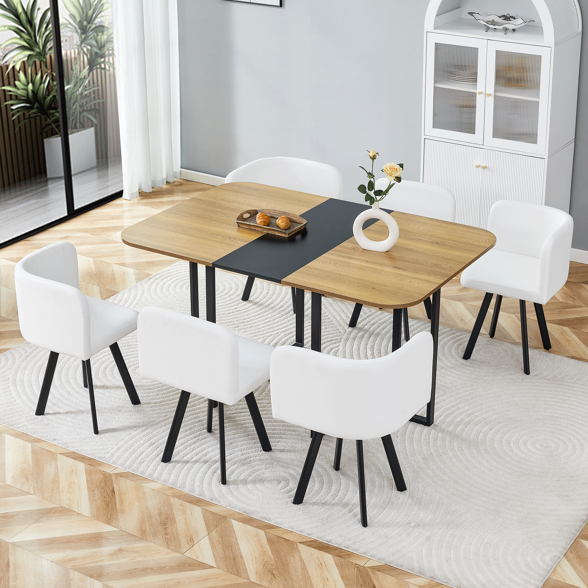 Dining Table Set Extendable Table Stowable Chairs 4-6 Seater - Wood Grain/Black Metal