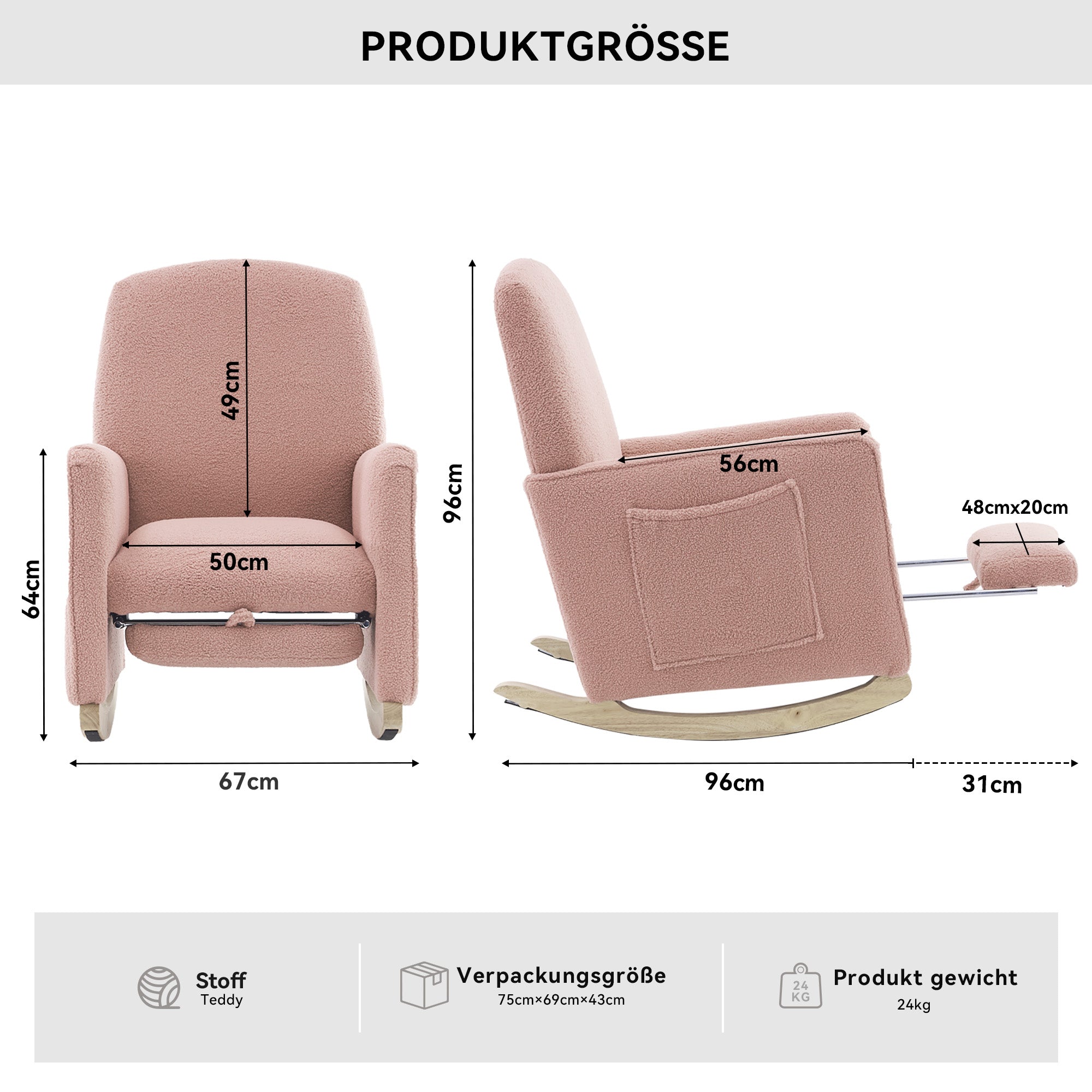 Rocking Chair with Stool, Indoor Recliner with High Backrest, Pink Teddy Fabric