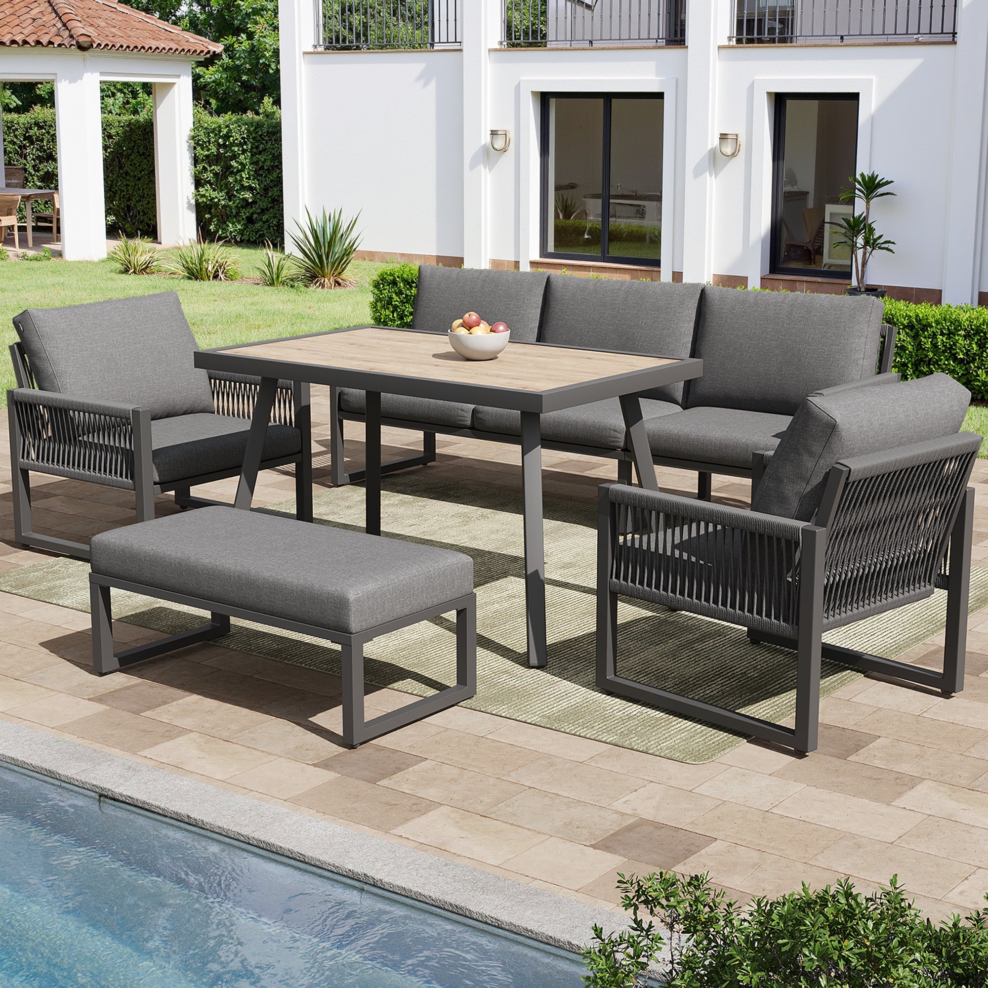 6-7 Seater Garden Lounge Set with Dining Table and Weatherproof Cushions, Gray