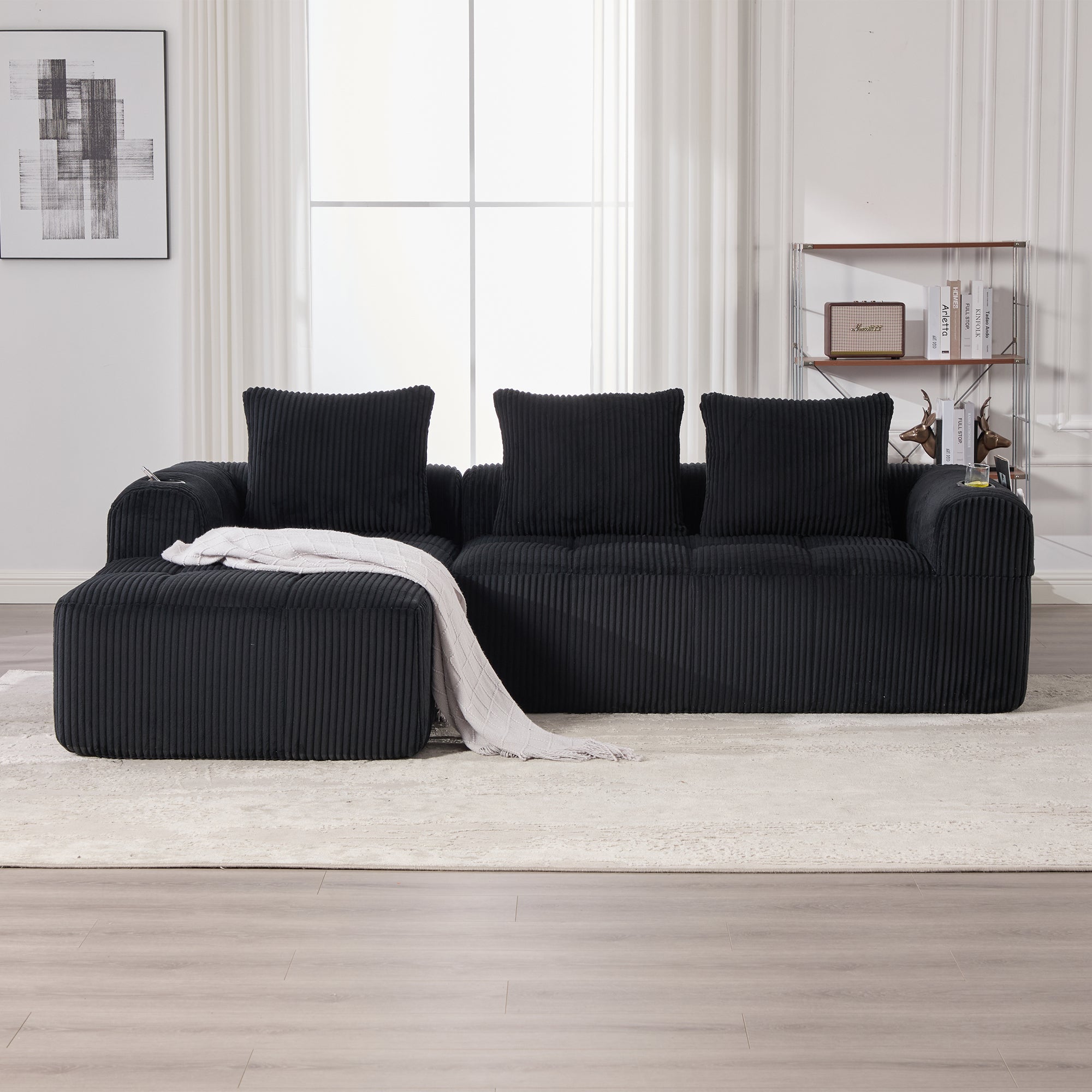Compact Modular Sofa Side Pocket Cup Holder 3 Cushions - Corduroy Black