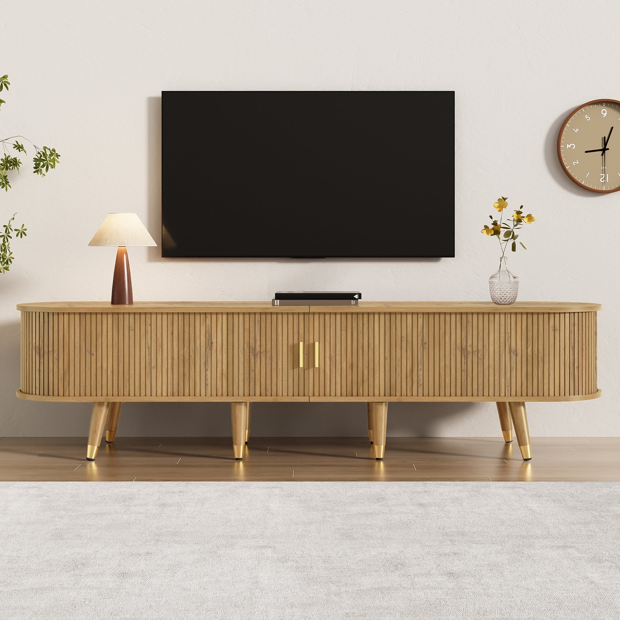 TV Cabinet Sliding Doors Media Console Wood Grain
