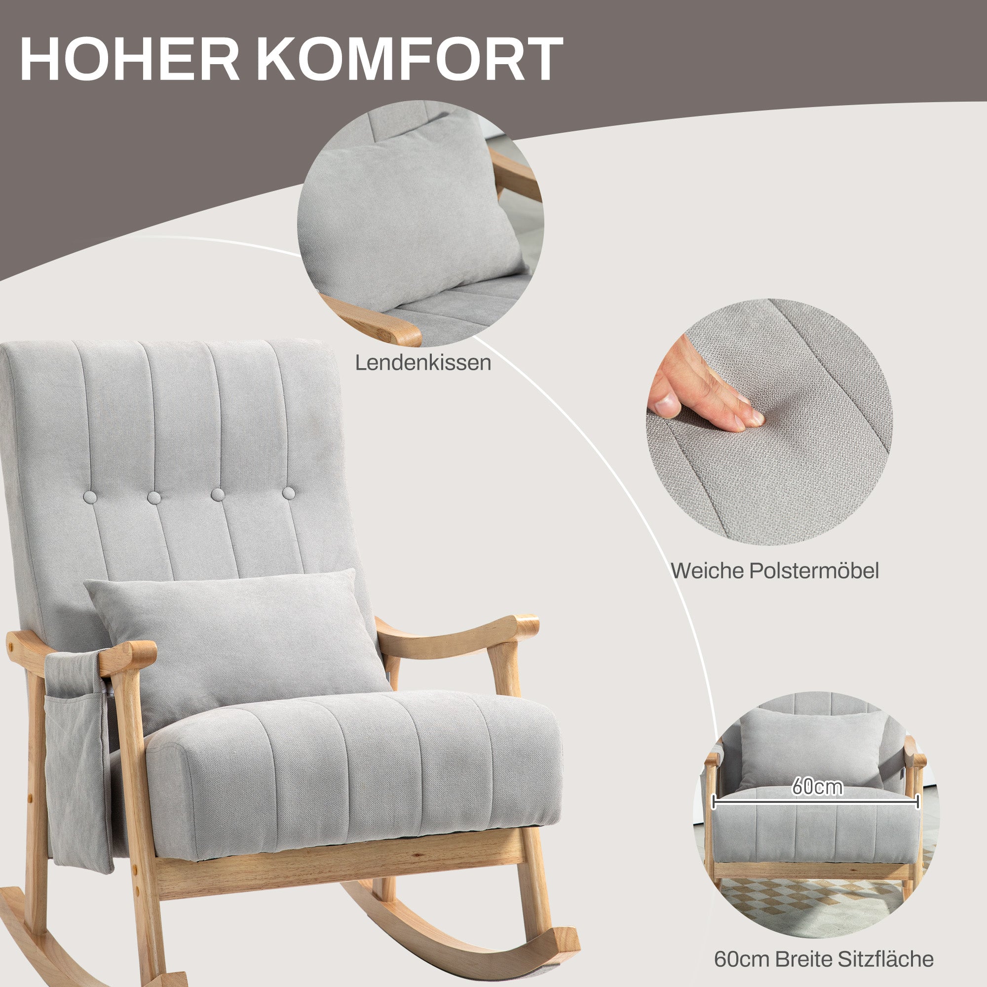 Rocking Chair Upholstered with Lumbar Cushion Side Pocket Wooden Frame, Linen Look Grey