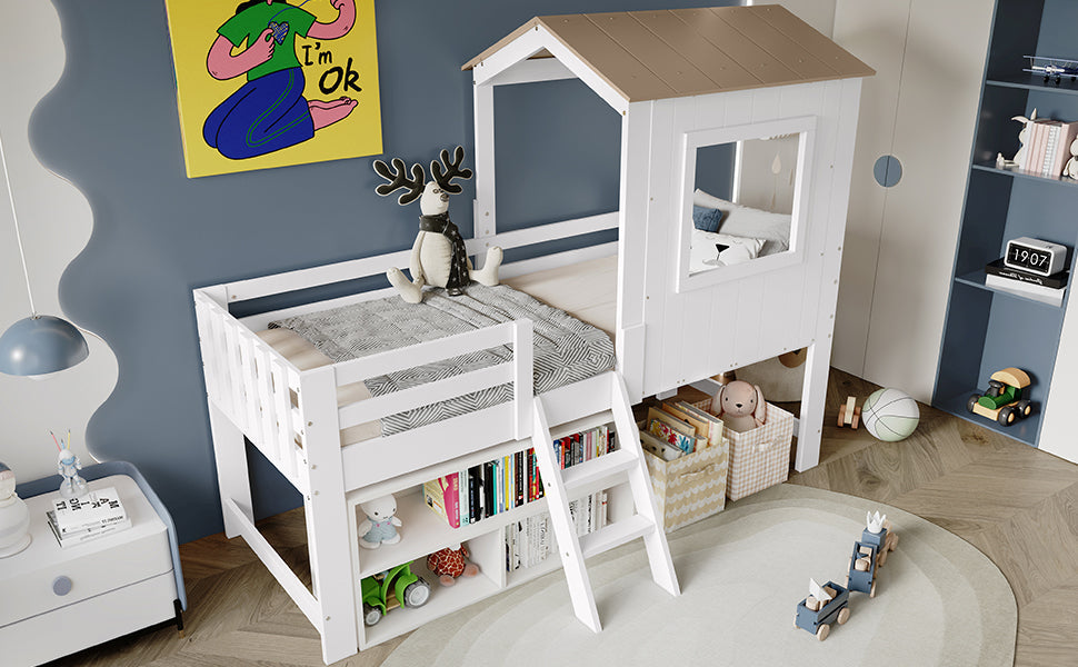 Children's Bed, Half-Height House Bed with Roof, Window & Stairs, White & Natural Wood
